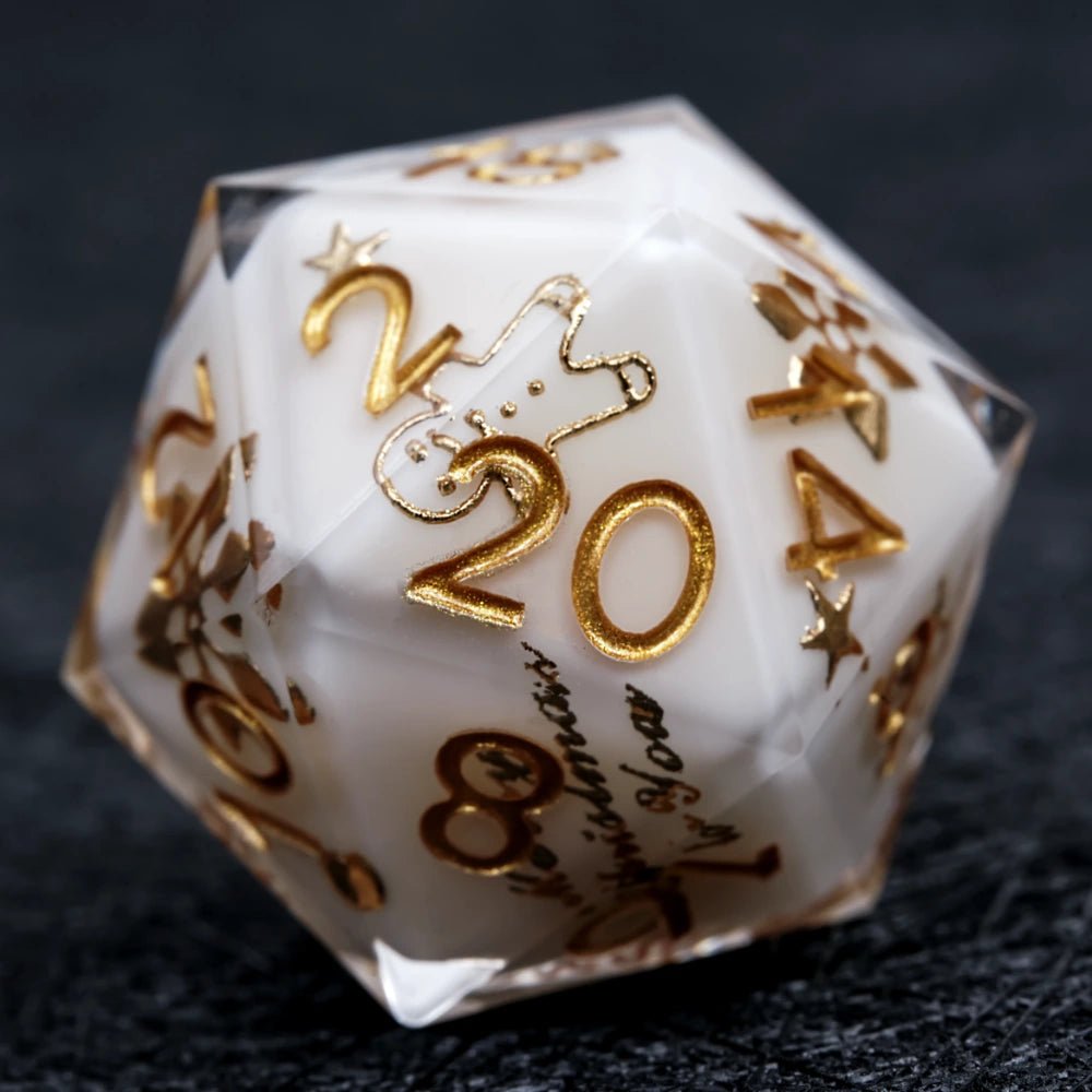 Christmas themed white resin dice set with gold snowflake engraving for D&D dice game - Bear Dice
