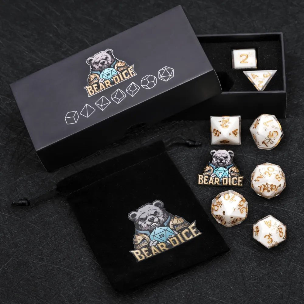 Christmas themed white resin dice set with gold snowflake engraving for D&D dice game - Bear Dice