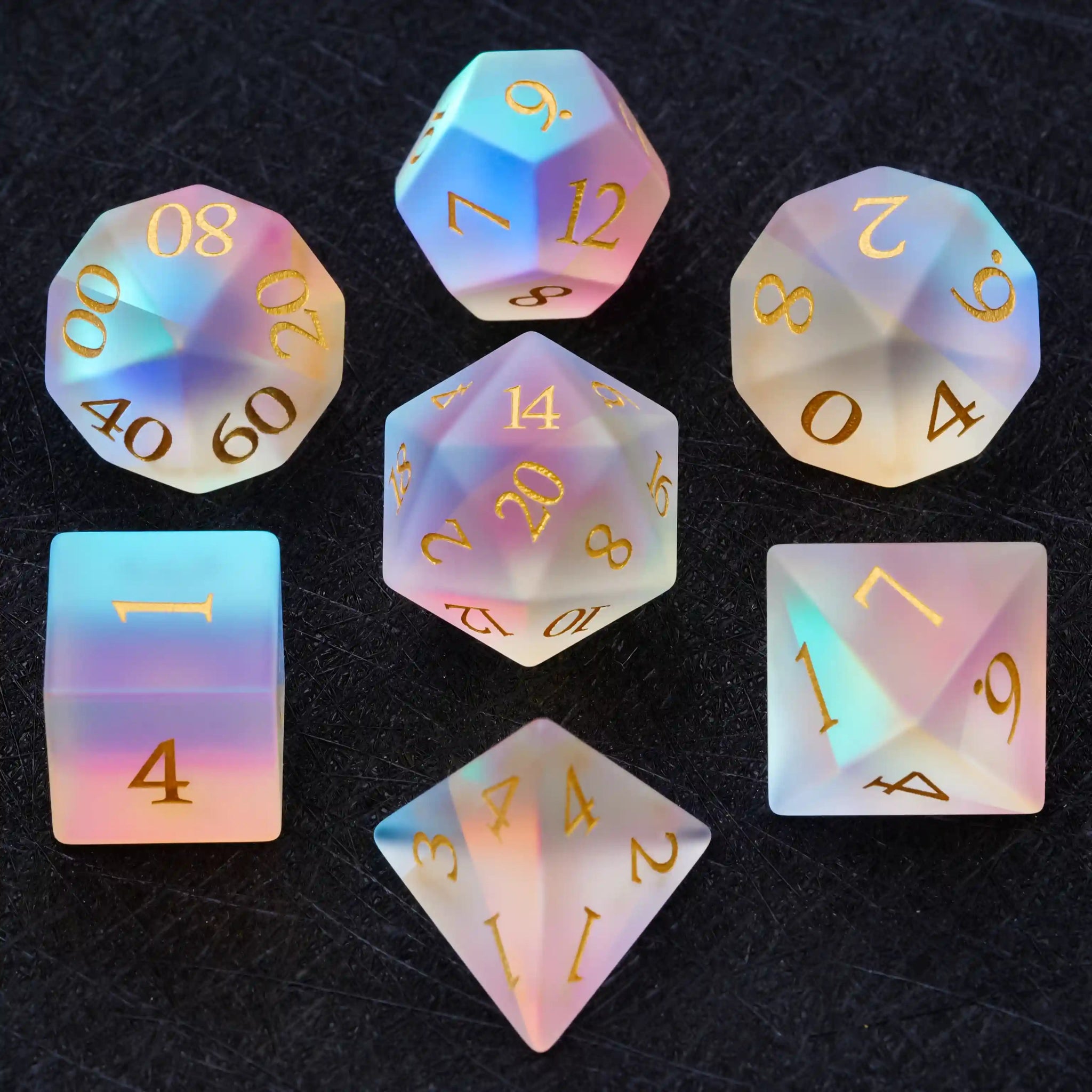 Colorful glass DND dice gem set + gold font - Bear Dice