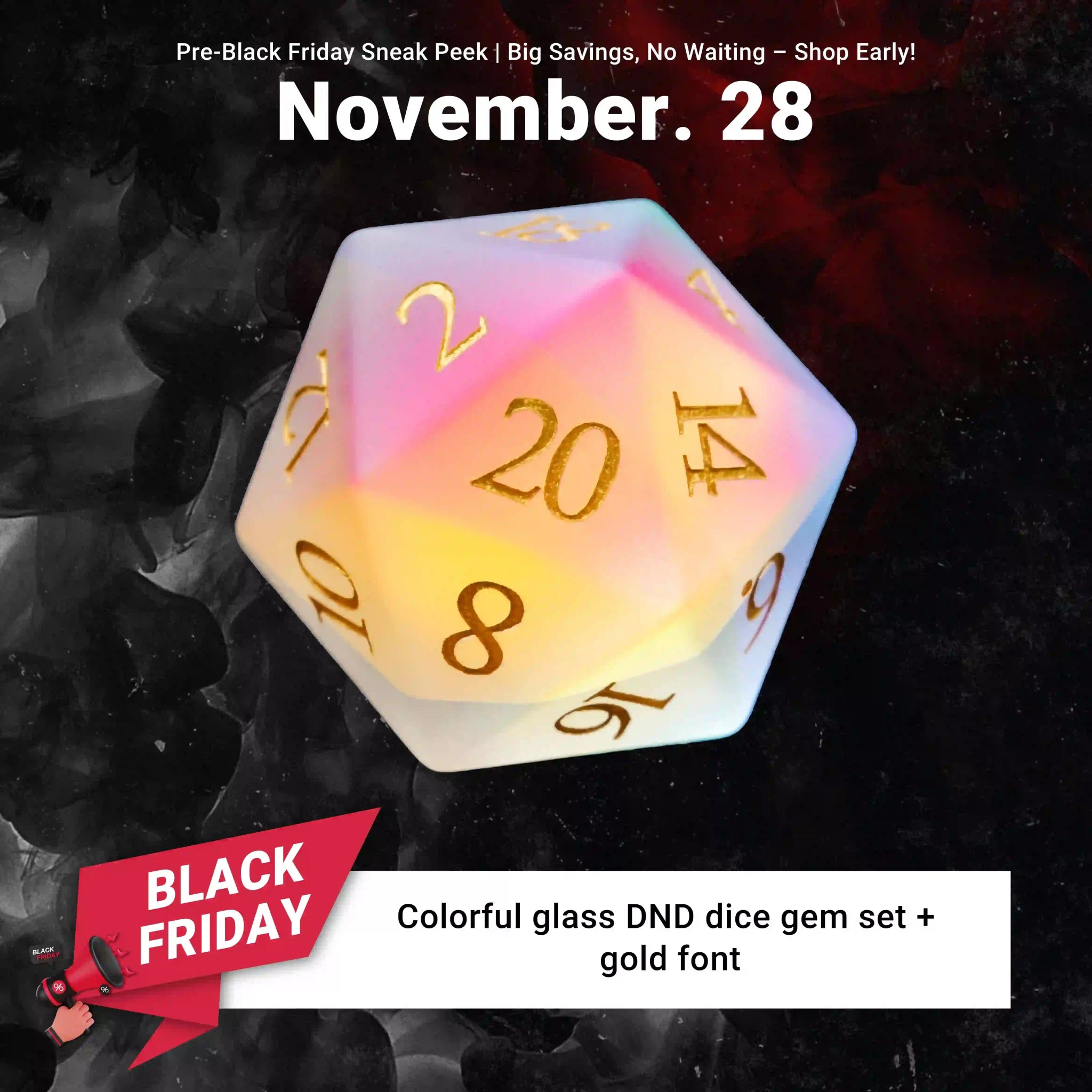 Colorful glass DND dice gem set + gold font - Bear Dice