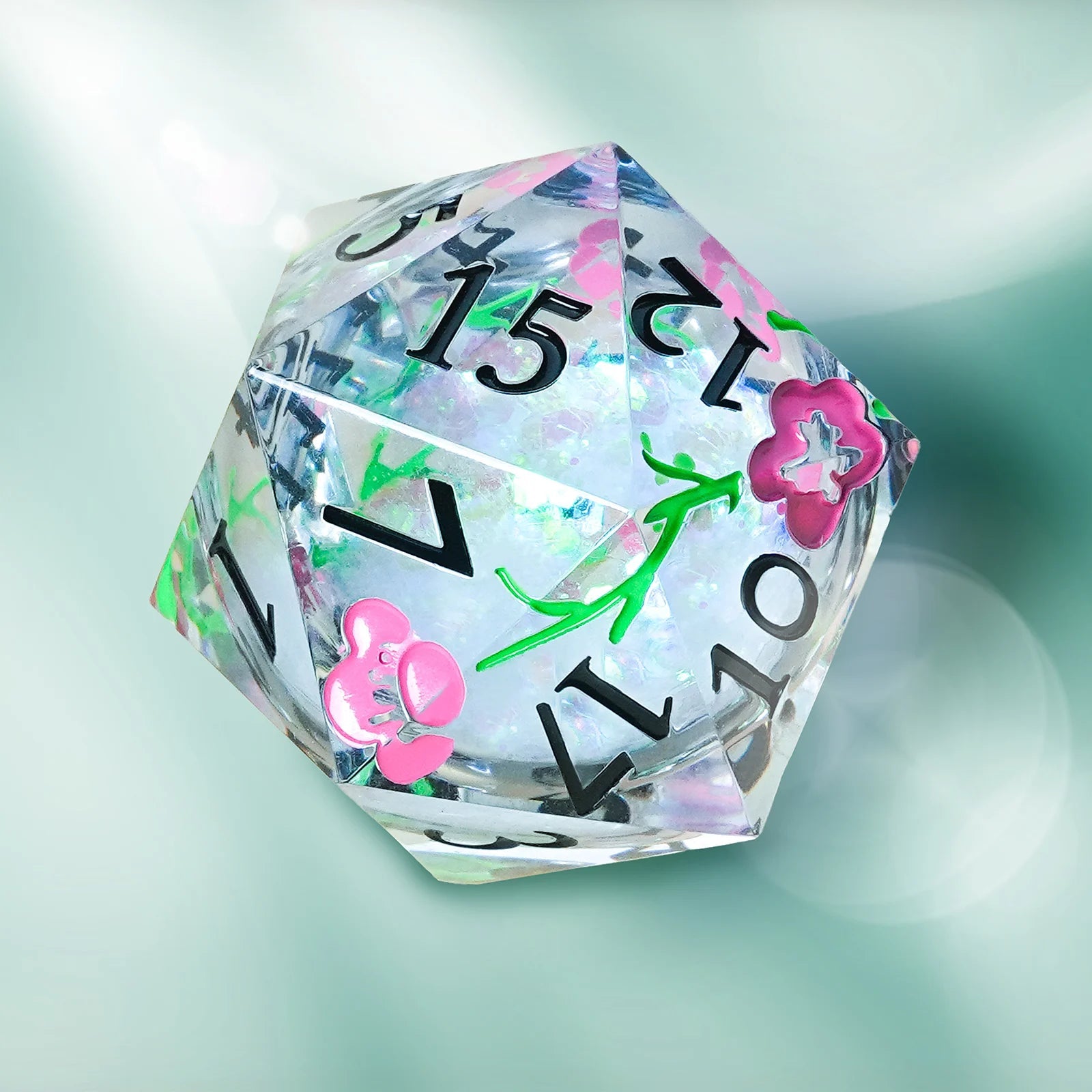 Colorful Glitter - 35mm Single D20 Liquid Core Resin Dice + Black Numbers - Bear Dice