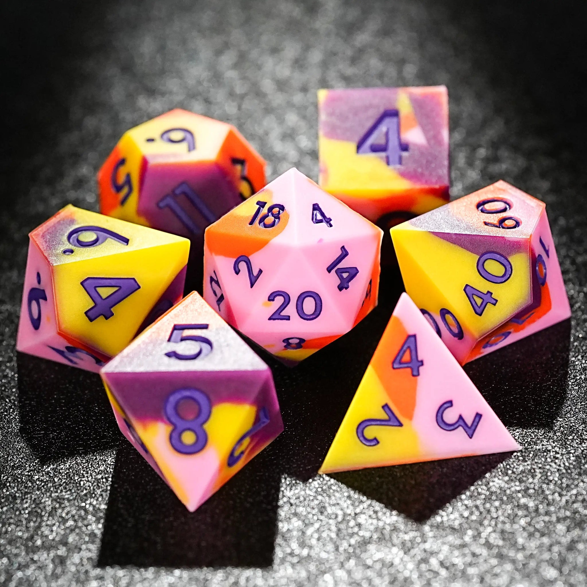 Colorful mixed color board game silicone polyhedron dice set + purple numbers - Bear Dice
