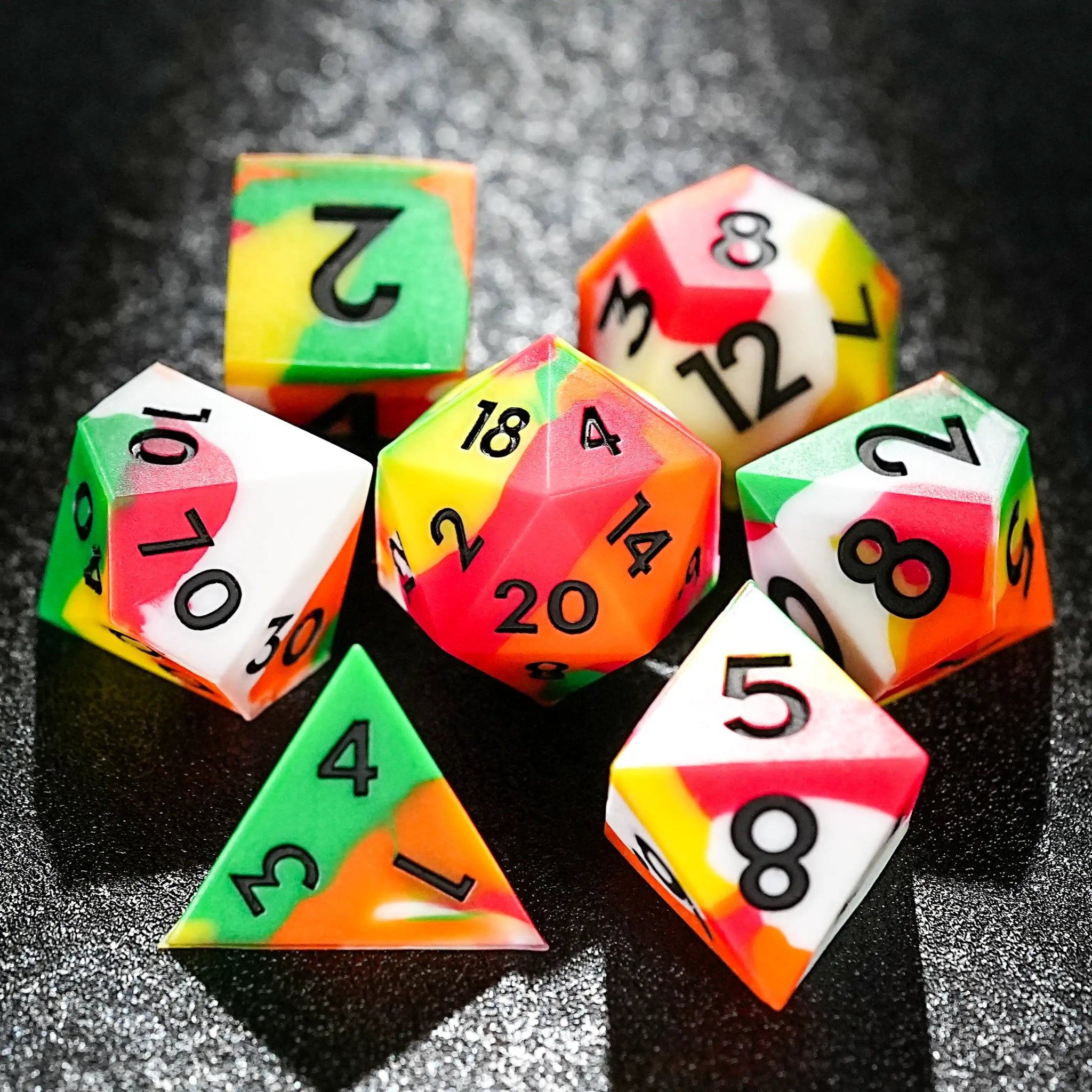 Colorful mixed color board game silicone polyhedron dice set + purple numbers - Bear Dice