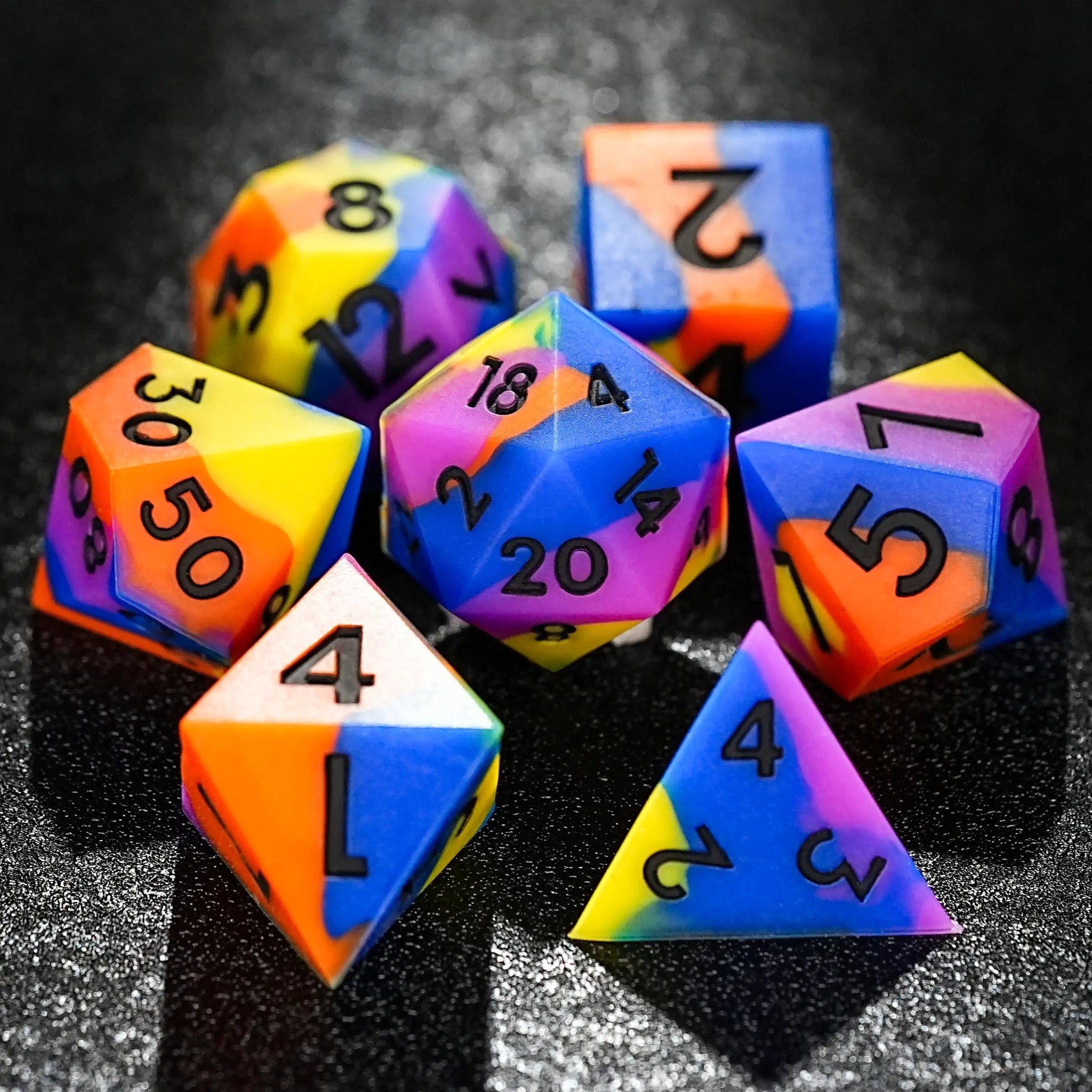 Colorful mixed color board game silicone polyhedron dice set + purple numbers - Bear Dice