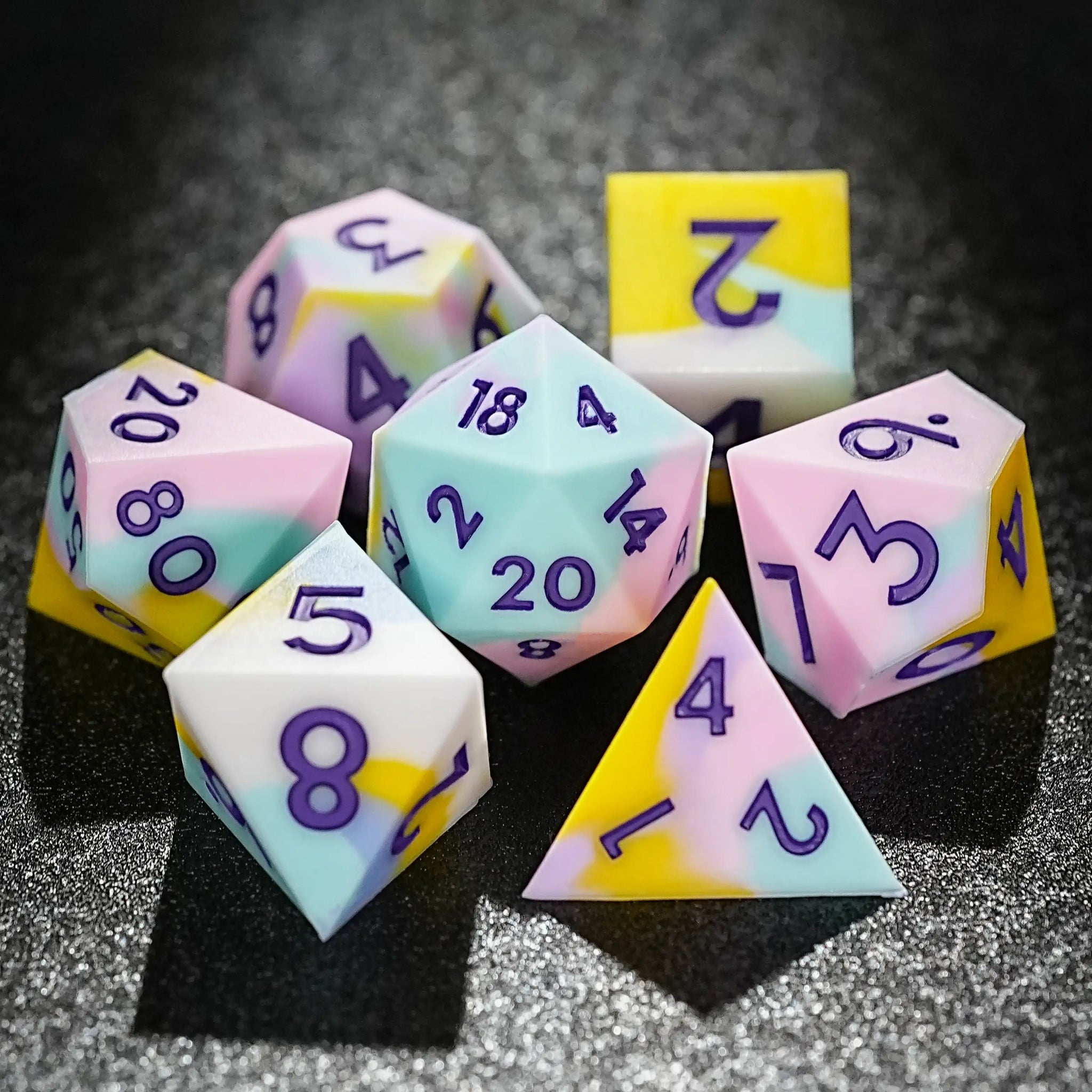 Colorful mixed color board game silicone polyhedron dice set + purple numbers - Bear Dice