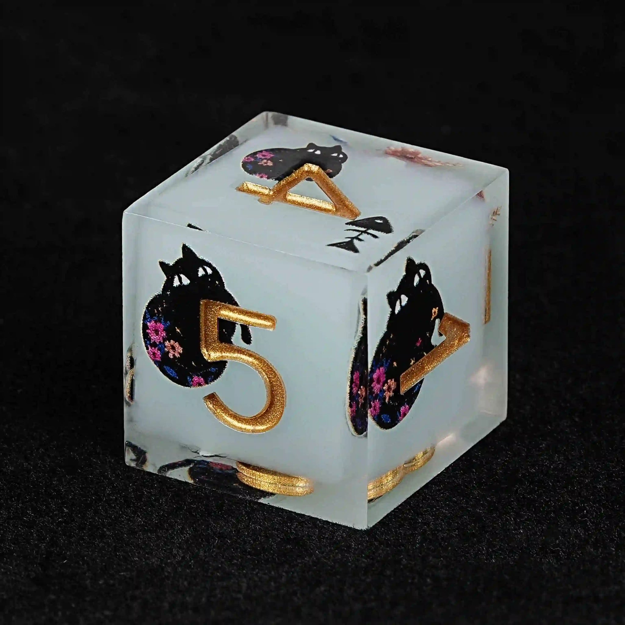Cool dice sets: 7 gold font polyhedron dnd black cat resin dice - Bear Dice