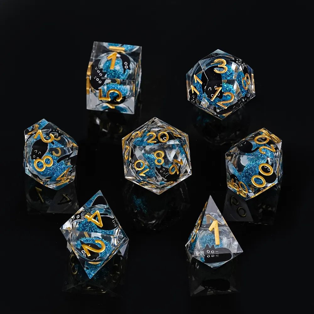 Cool dice sets: 7 gold font polyhedron dnd black cat resin dice - Bear Dice