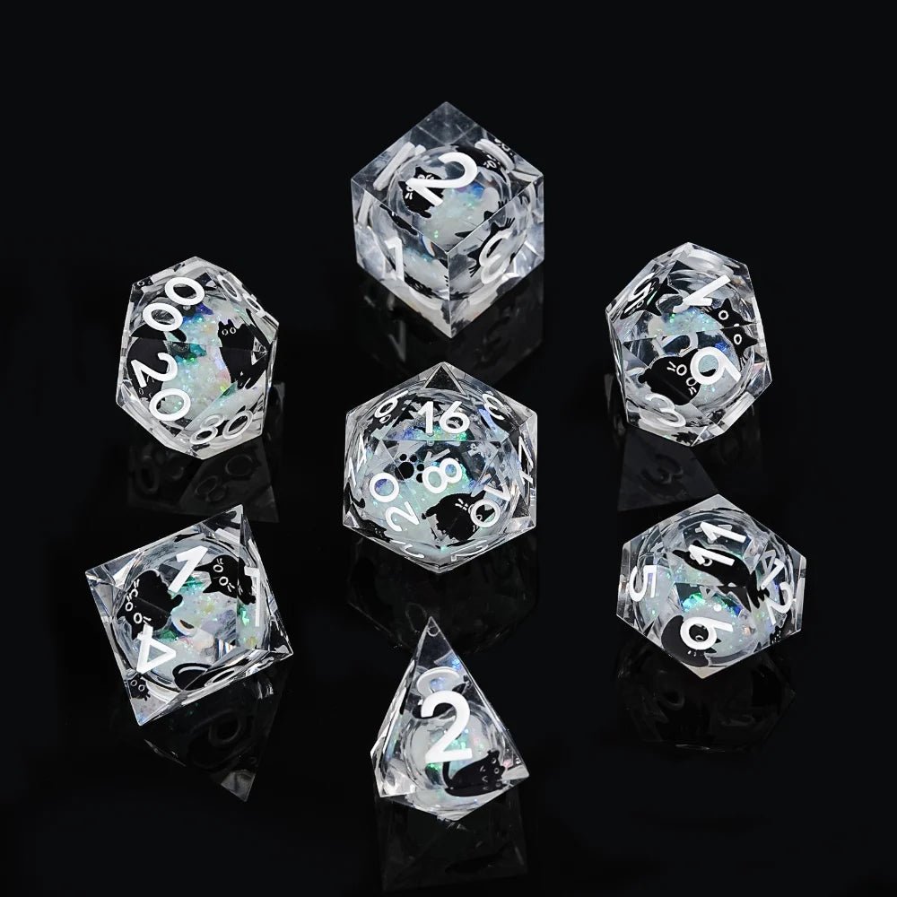 Cool dice sets: 7 gold font polyhedron dnd black cat resin dice - Bear Dice