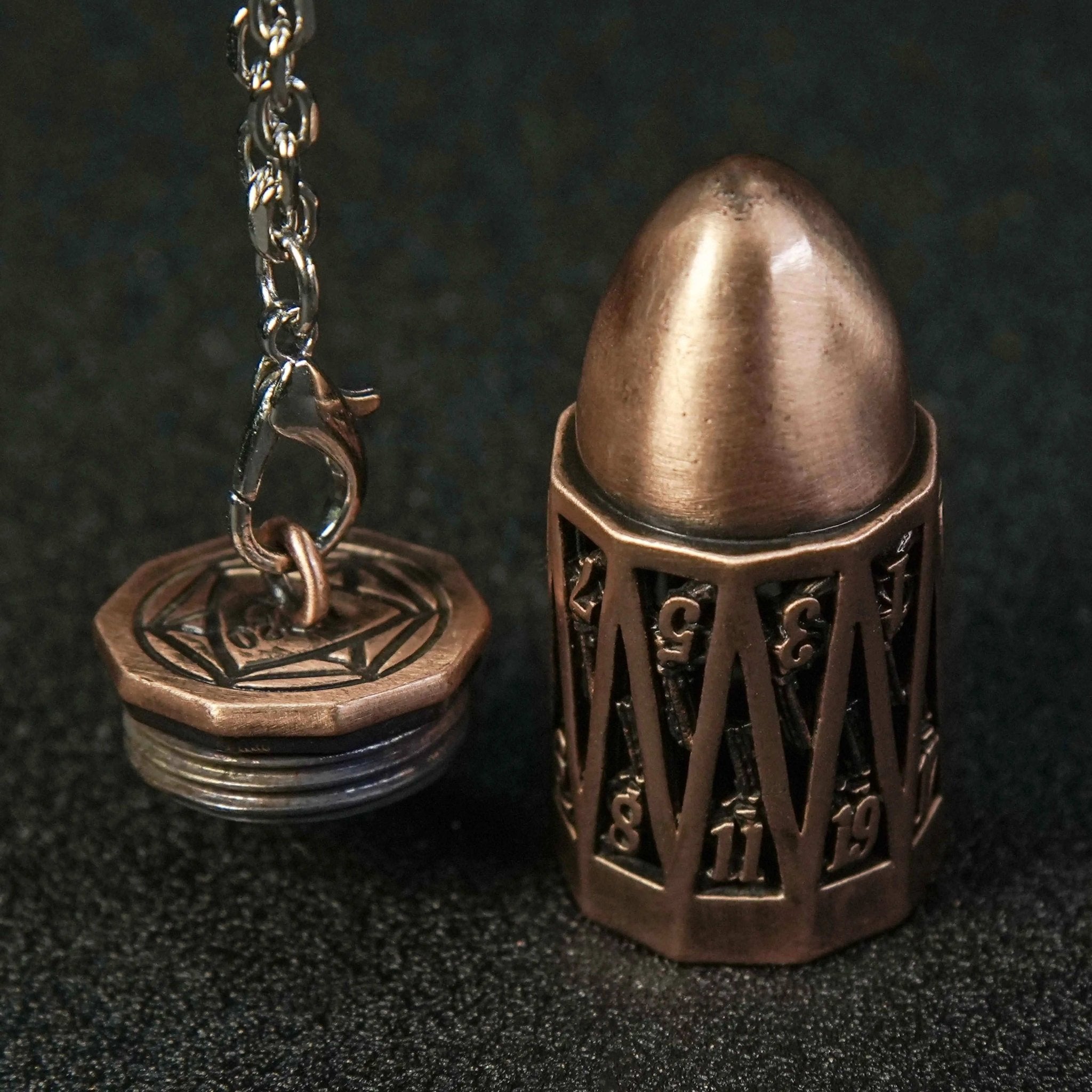Copper Metal Bullet D20 Dice Cage with Mini DND Dice Set - Bear Dice