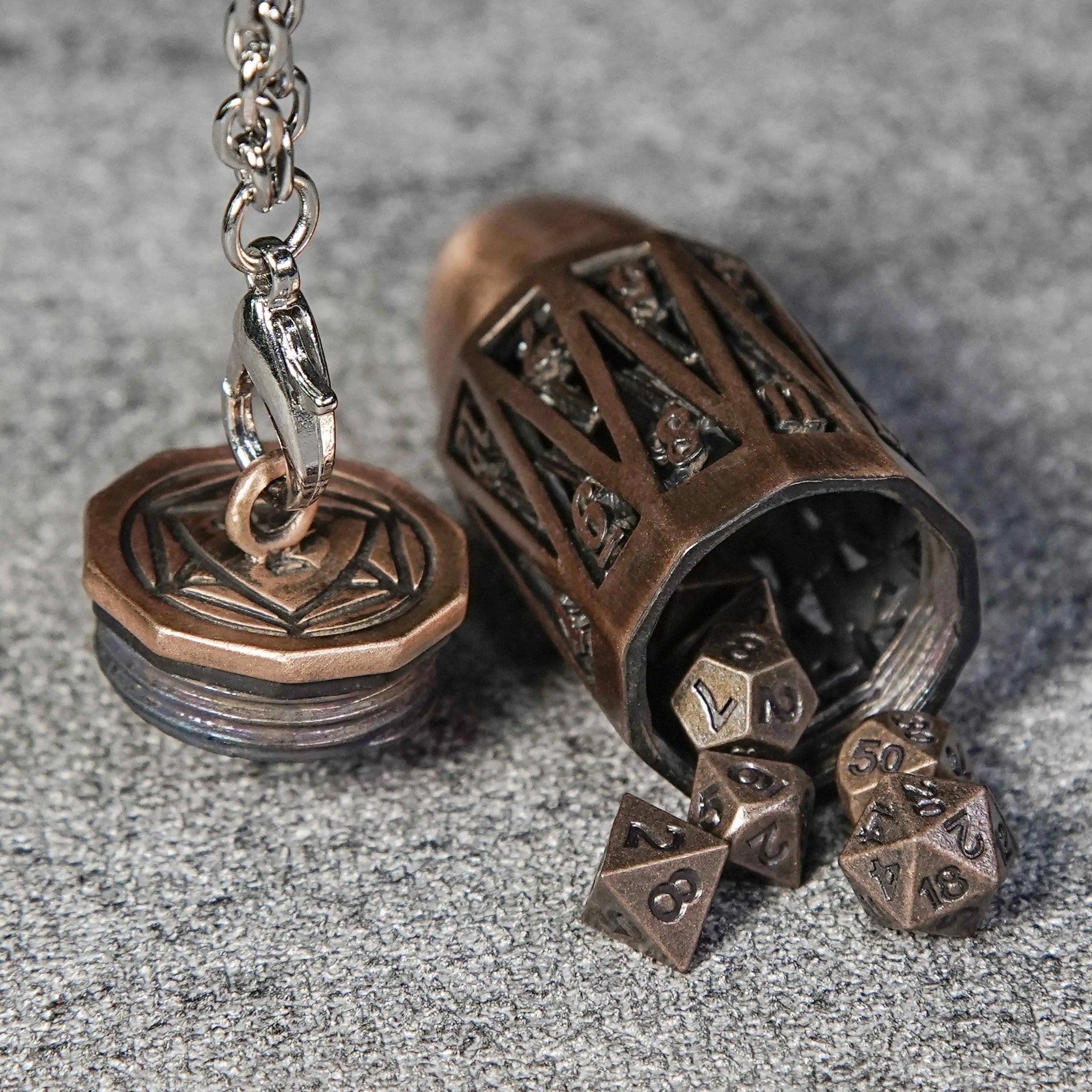 Copper Metal Bullet D20 Dice Cage with Mini DND Dice Set - Bear Dice