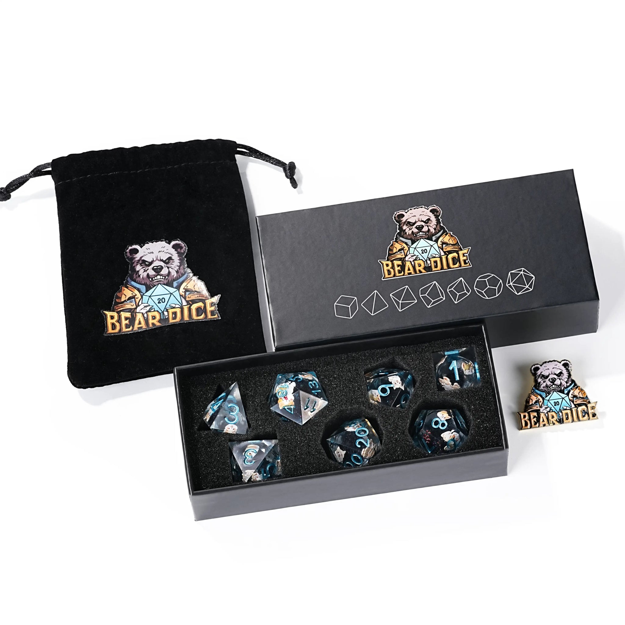 Cute Anime Corgi Puppy Black Quicksand Liquid Core Resin Polyhedron Dice Set + Blue Font - Bear Dice