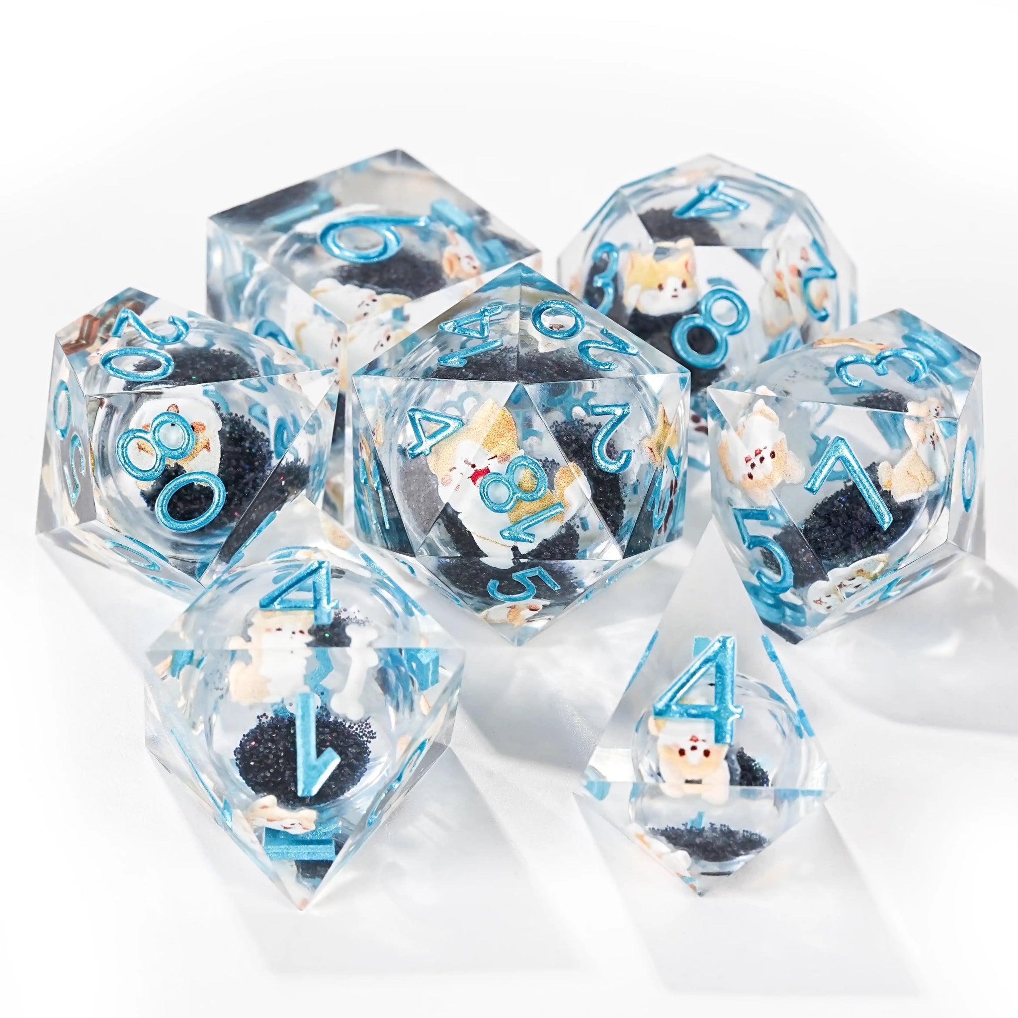 Cute Anime Corgi Puppy Black Quicksand Liquid Core Resin Polyhedron Dice Set + Blue Font - Bear Dice