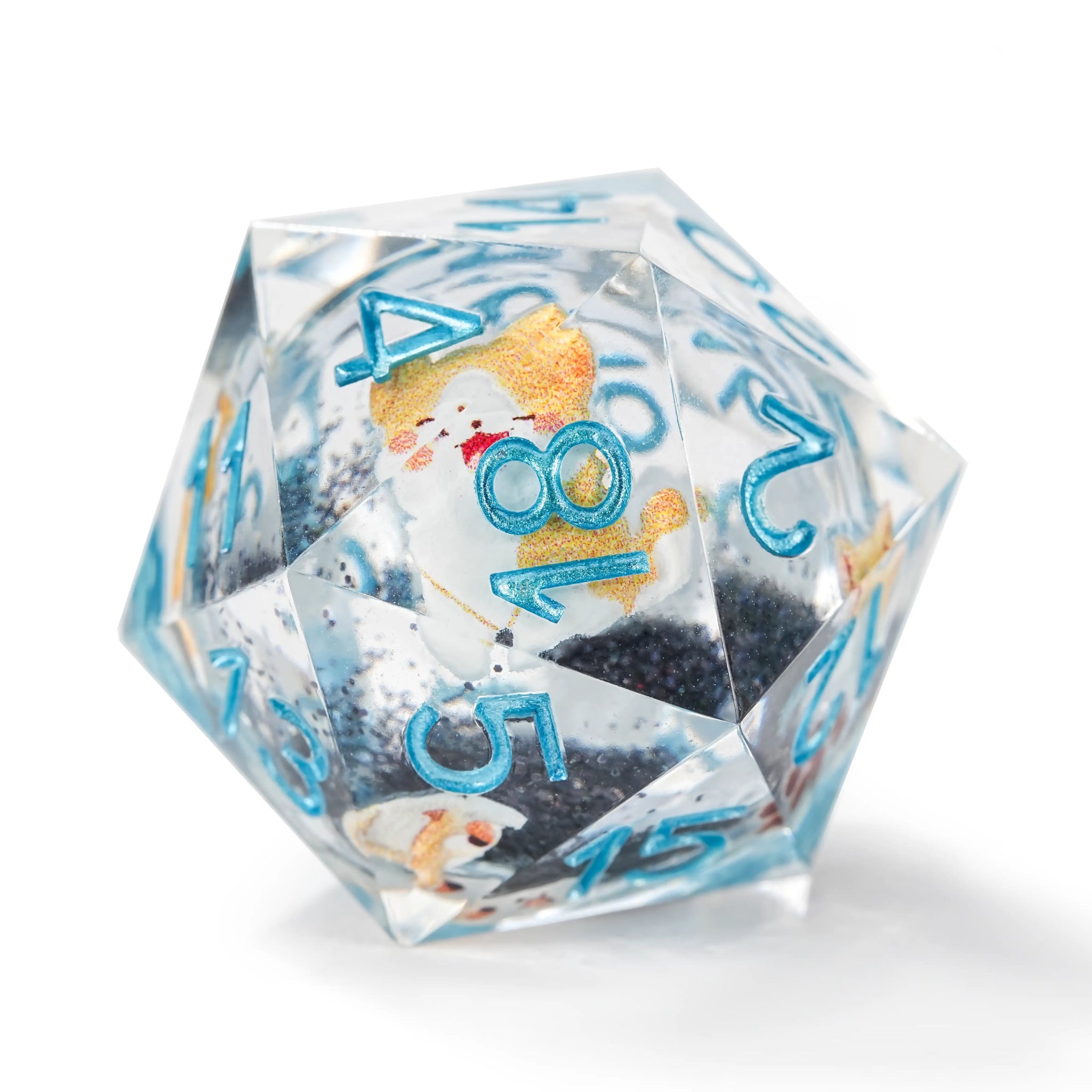 Cute Anime Corgi Puppy Black Quicksand Liquid Core Resin Polyhedron Dice Set + Blue Font - Bear Dice