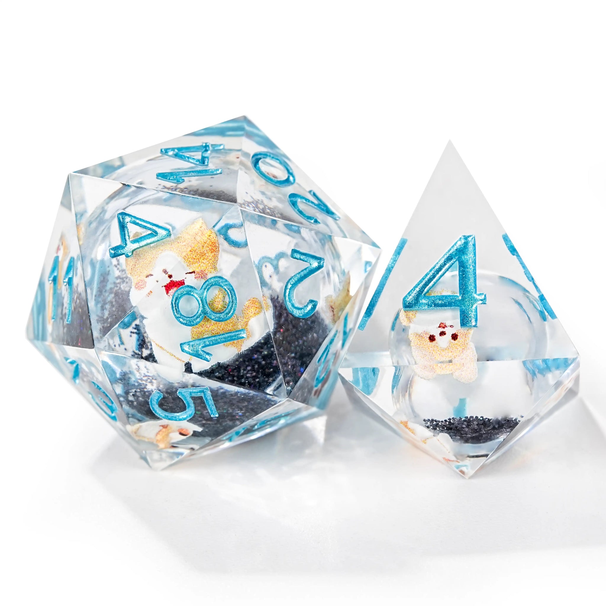 Cute Anime Corgi Puppy Black Quicksand Liquid Core Resin Polyhedron Dice Set + Blue Font - Bear Dice