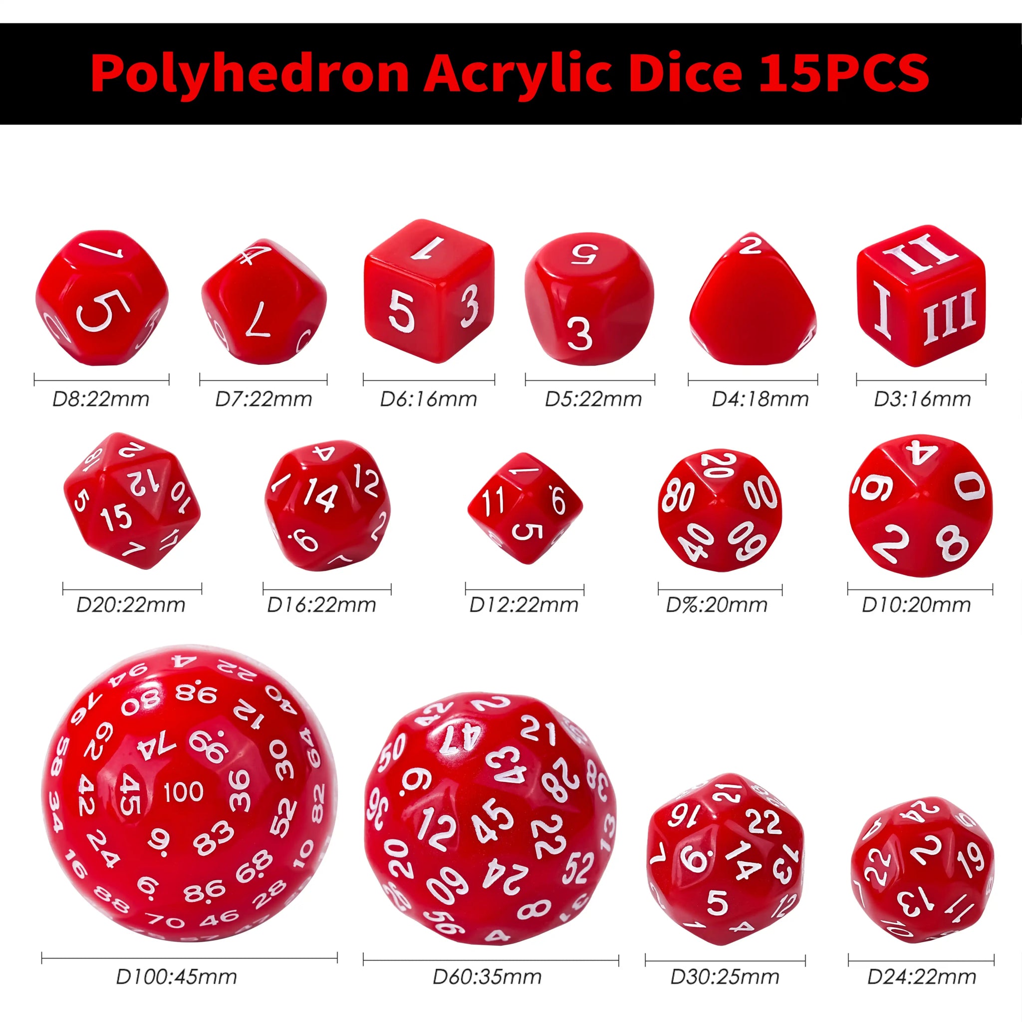 D100 - 15pcs Red Acrylic Polyhedron Dice Set - Bear Dice