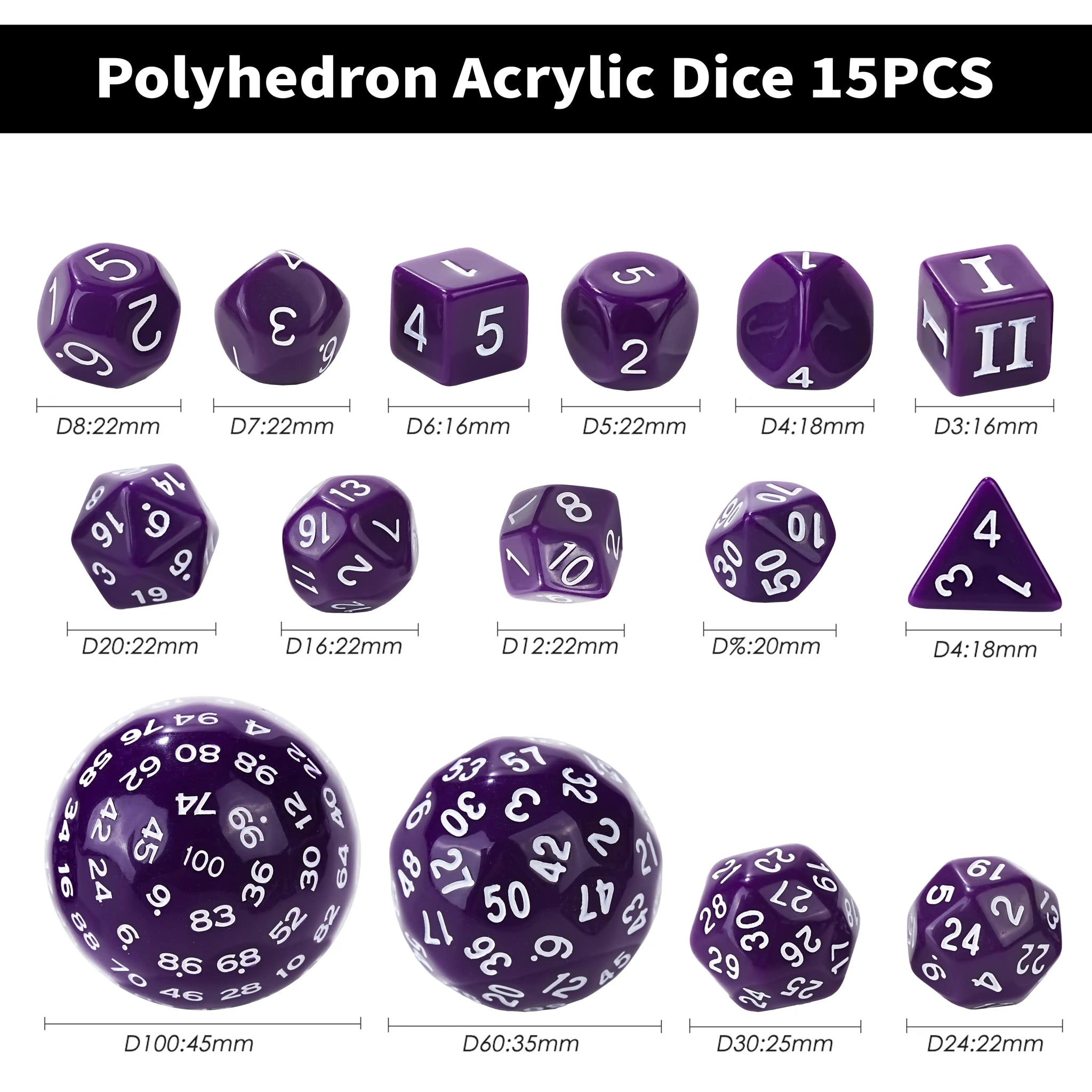 D100 Dice Set – 15 Pieces Purple Acrylic Polyhedral Dice - Bear Dice