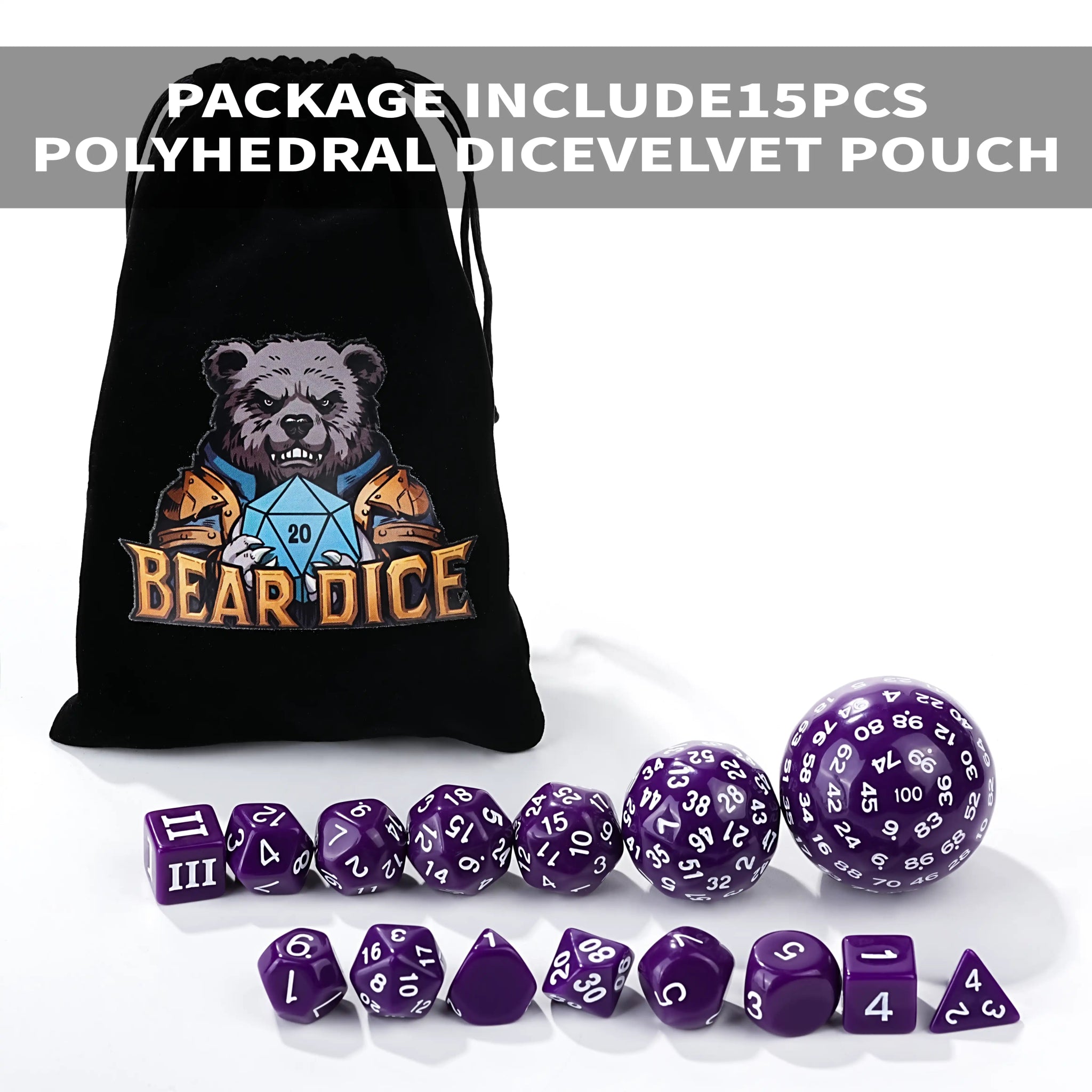 D100 Dice Set – 15 Pieces Purple Acrylic Polyhedral Dice - Bear Dice