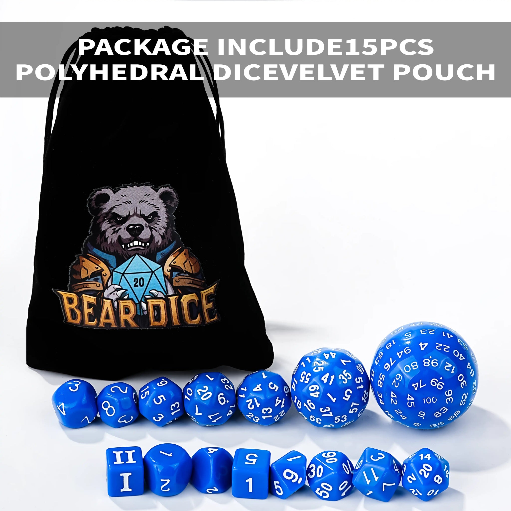 D100 Dice Set - 15pcs Blue Acrylic Polyhedron Dice - Bear Dice