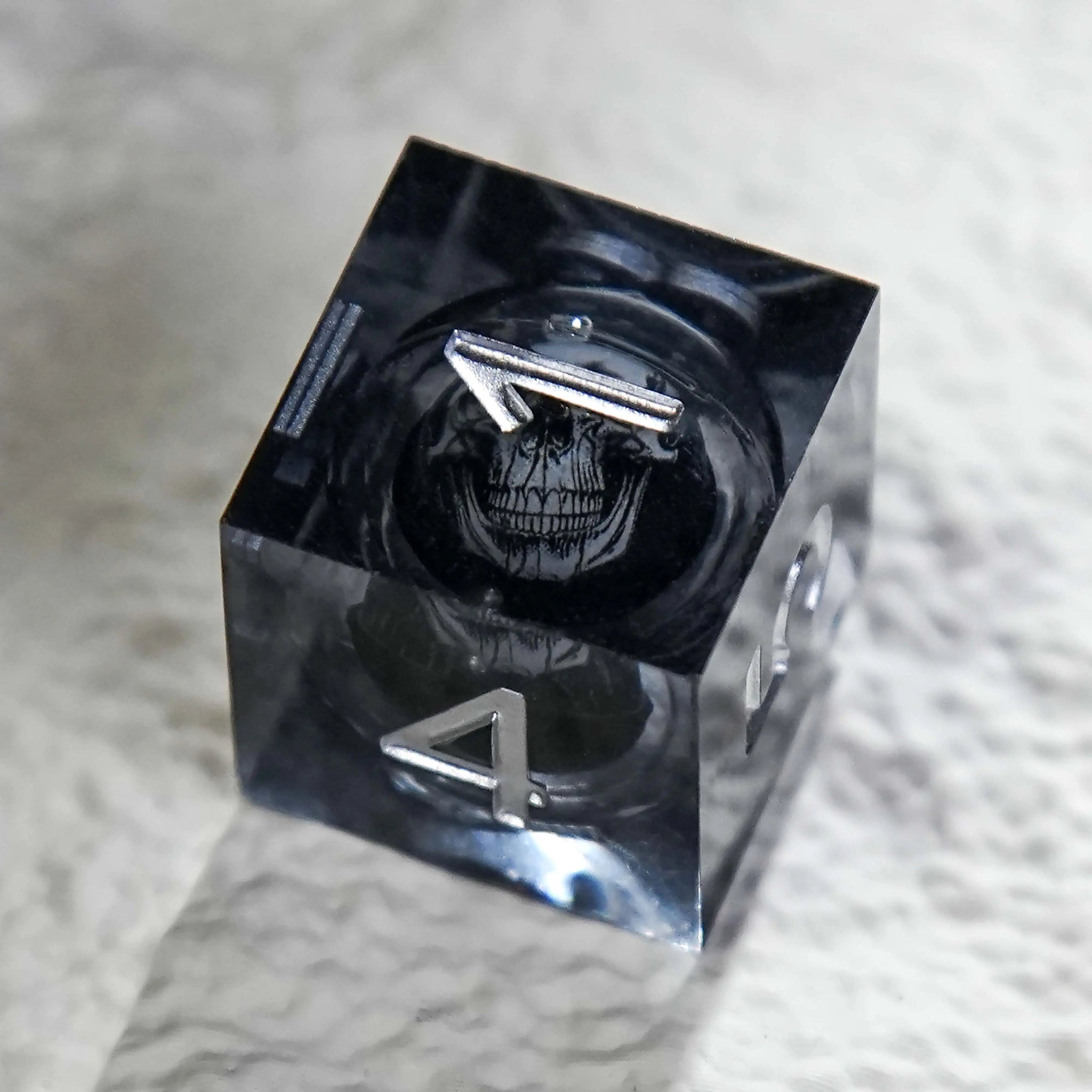 Dark Sorcerer's Skull Frame Liquid Core Resin Dice Set Silver Font - Bear Dice