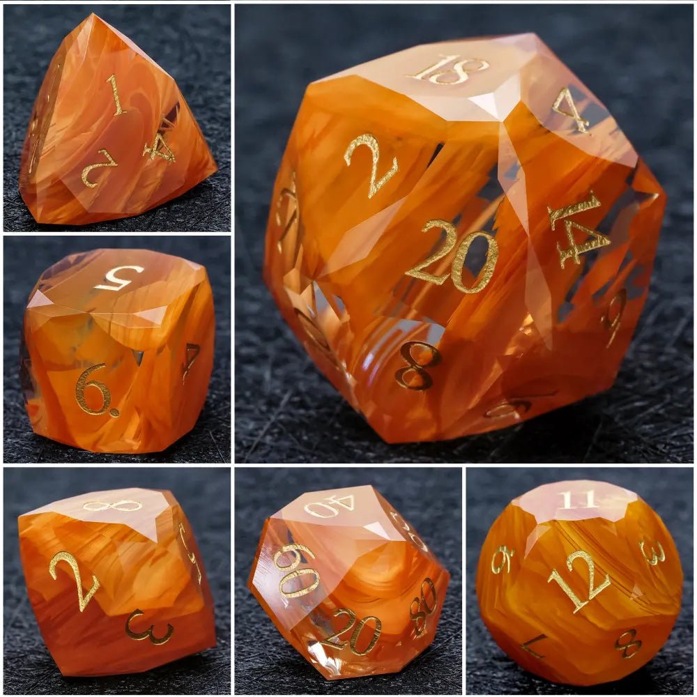 DND Dice | Diamond Cut Amber - Orange Glass Gemstone Dice Set - Bear Dice