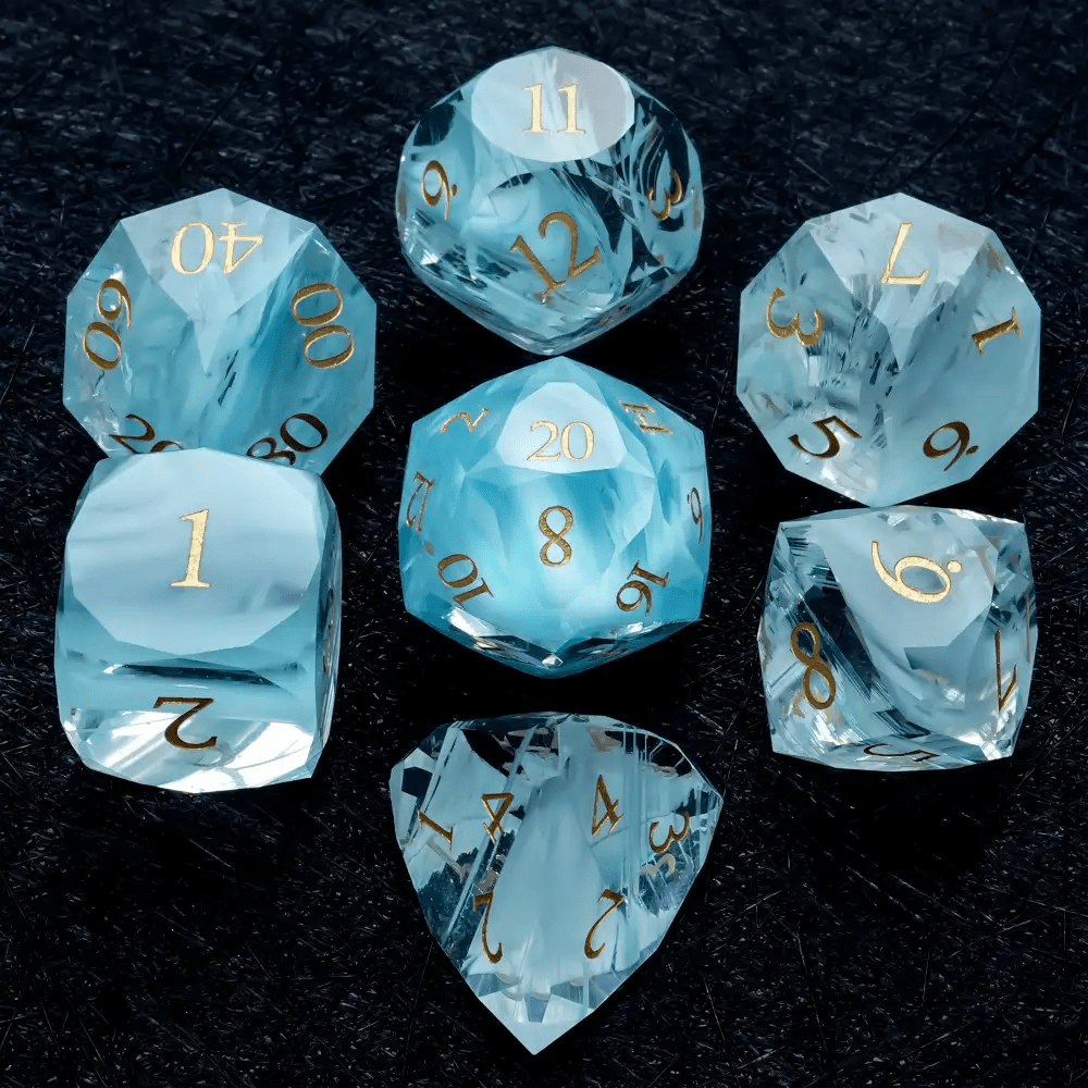 DND Dice | Diamond - Cut Sky Blue Glass Gemstone Dice Set - Bear Dice