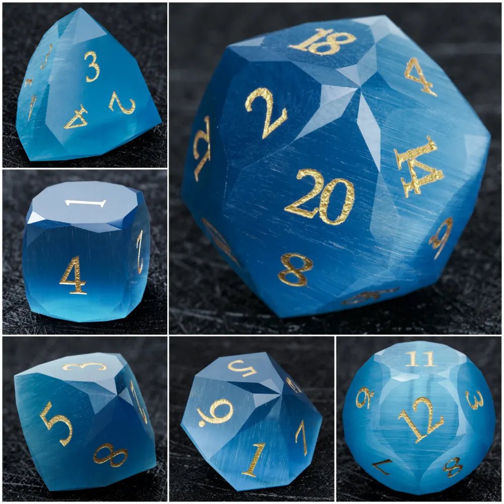 DND Dice | Diamond Polyhedron Sky Blue Glass Gemstone Dice Set with Gold Font - Bear Dice