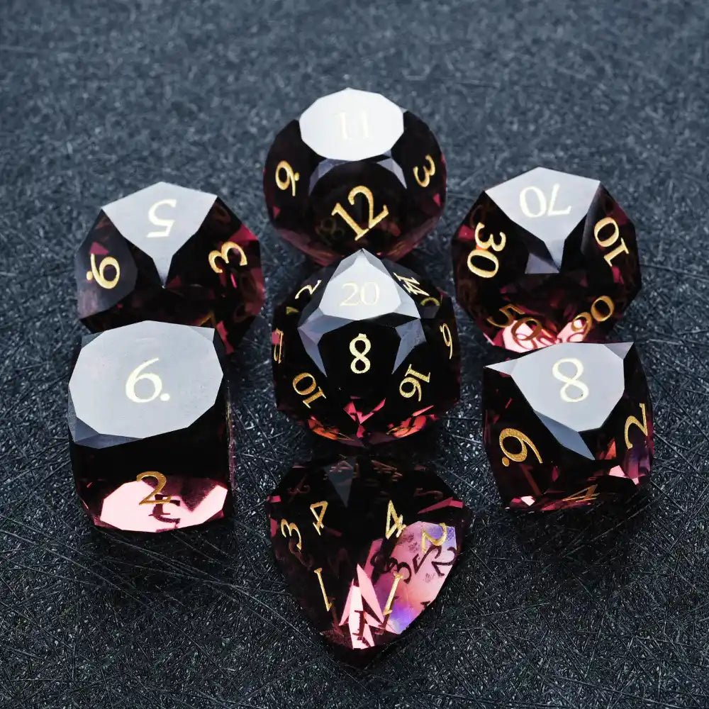 DND Dice - Engraved Gold Numbered Ruby Multi - Sided Dice Set - Bear Dice
