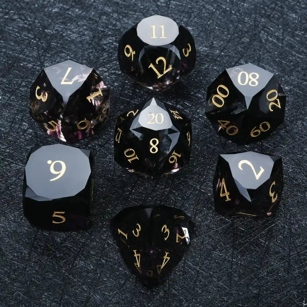 DND Dice - Obsidian Gemstone Multi - Sided Dice Set + Gold Numbers - Bear Dice