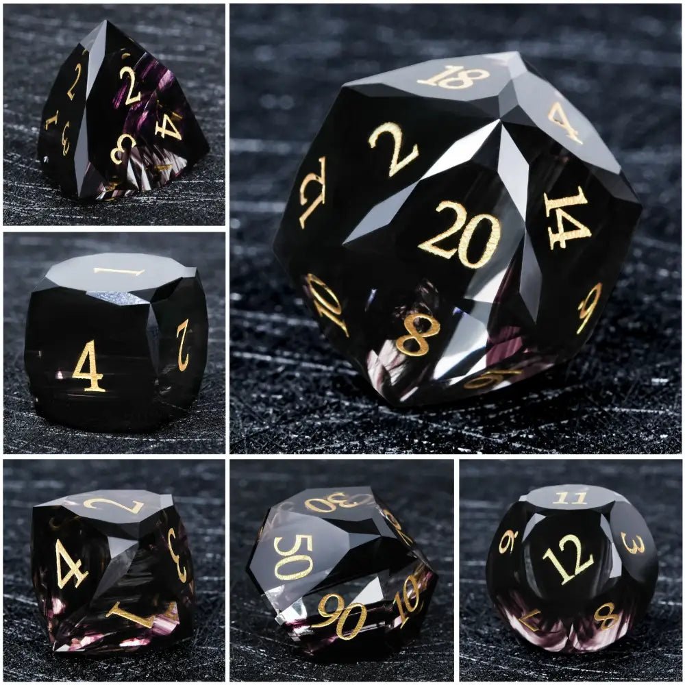 DND Dice - Obsidian Gemstone Multi - Sided Dice Set + Gold Numbers - Bear Dice