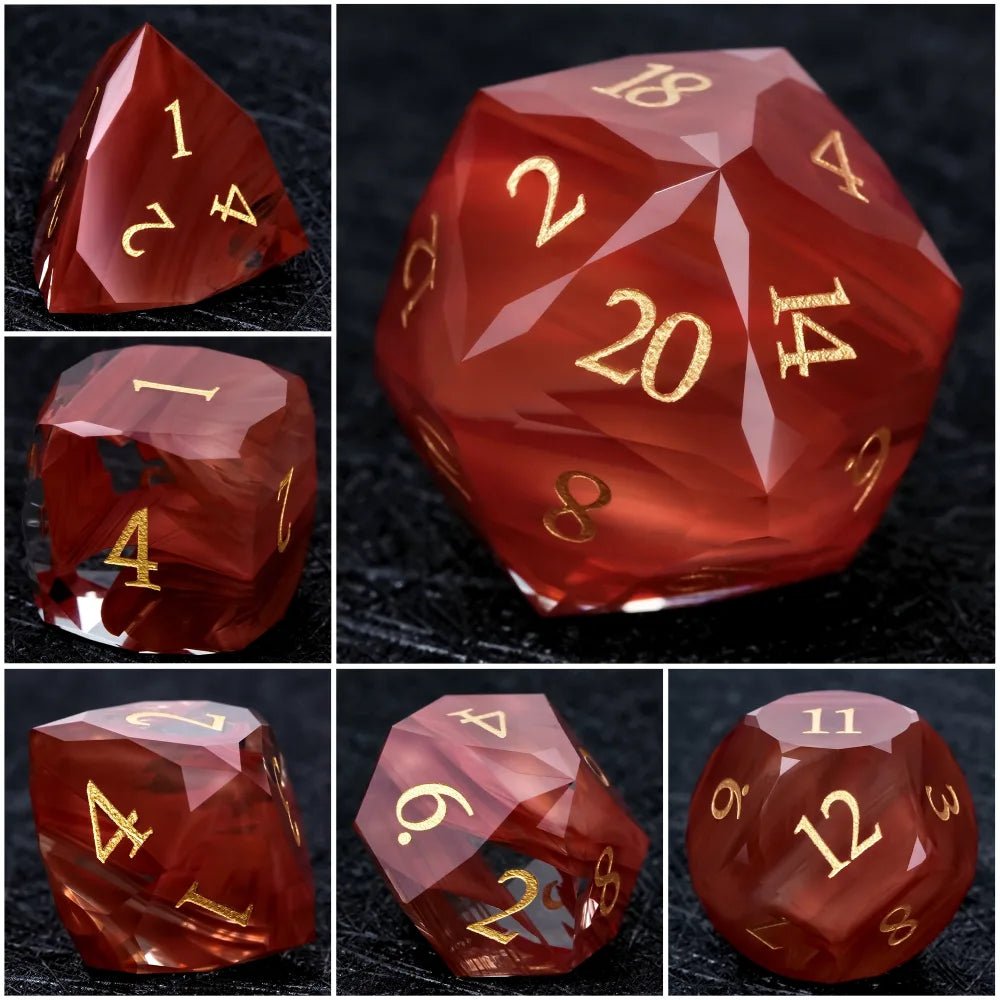 DND Gem Dice Set Crystal Flame Red Glass Diamond Cut Gold Digital RPG Dice - Bear Dice
