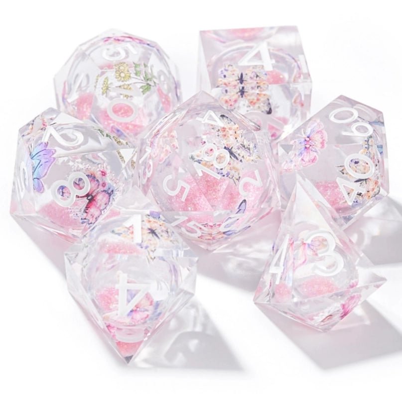 Dreamland Series – Pink Quicksand Butterfly Resin Dice Set - Bear Dice
