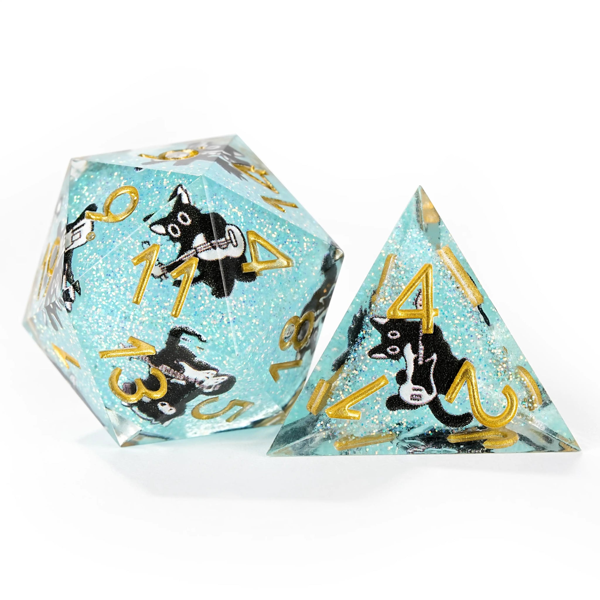 Dynamic Music Black Cat Light Blue Glitter Resin DND Dice Set + Gold Font - Bear Dice