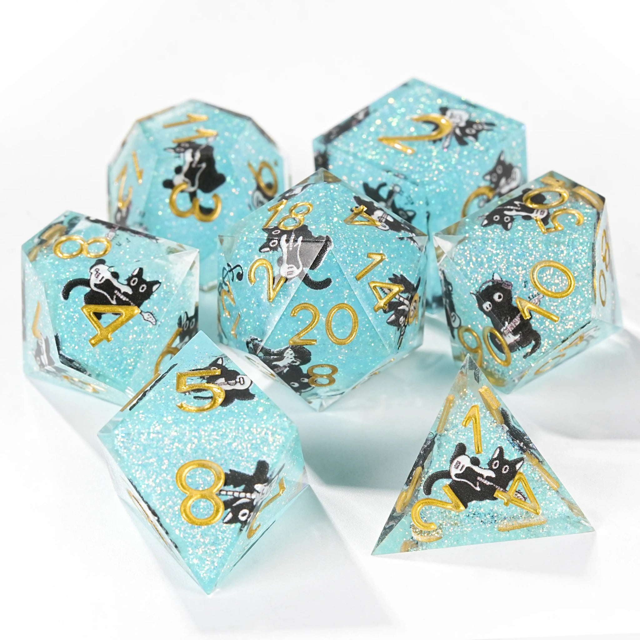 Dynamic Music Black Cat Light Blue Glitter Resin DND Dice Set + Gold Font - Bear Dice