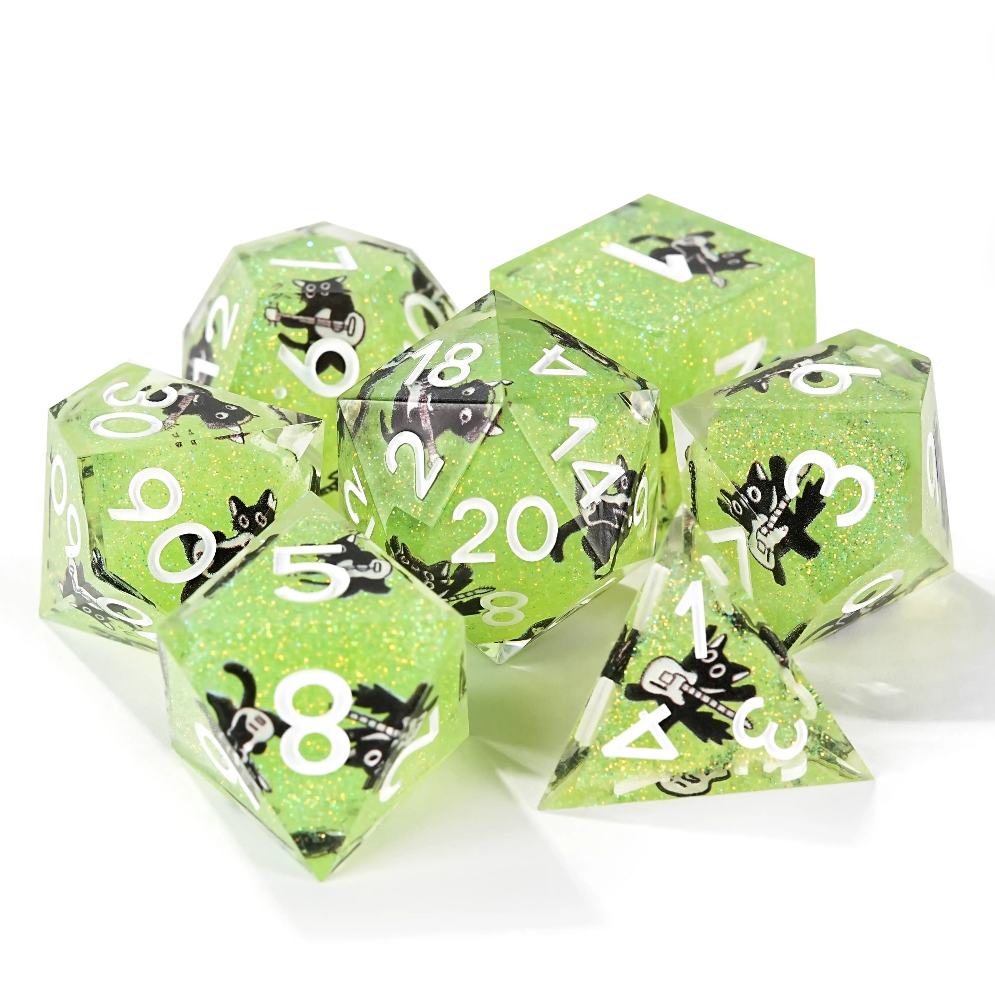 Dynamic Music Black Cat Light Blue Glitter Resin DND Dice Set + Gold Font - Bear Dice