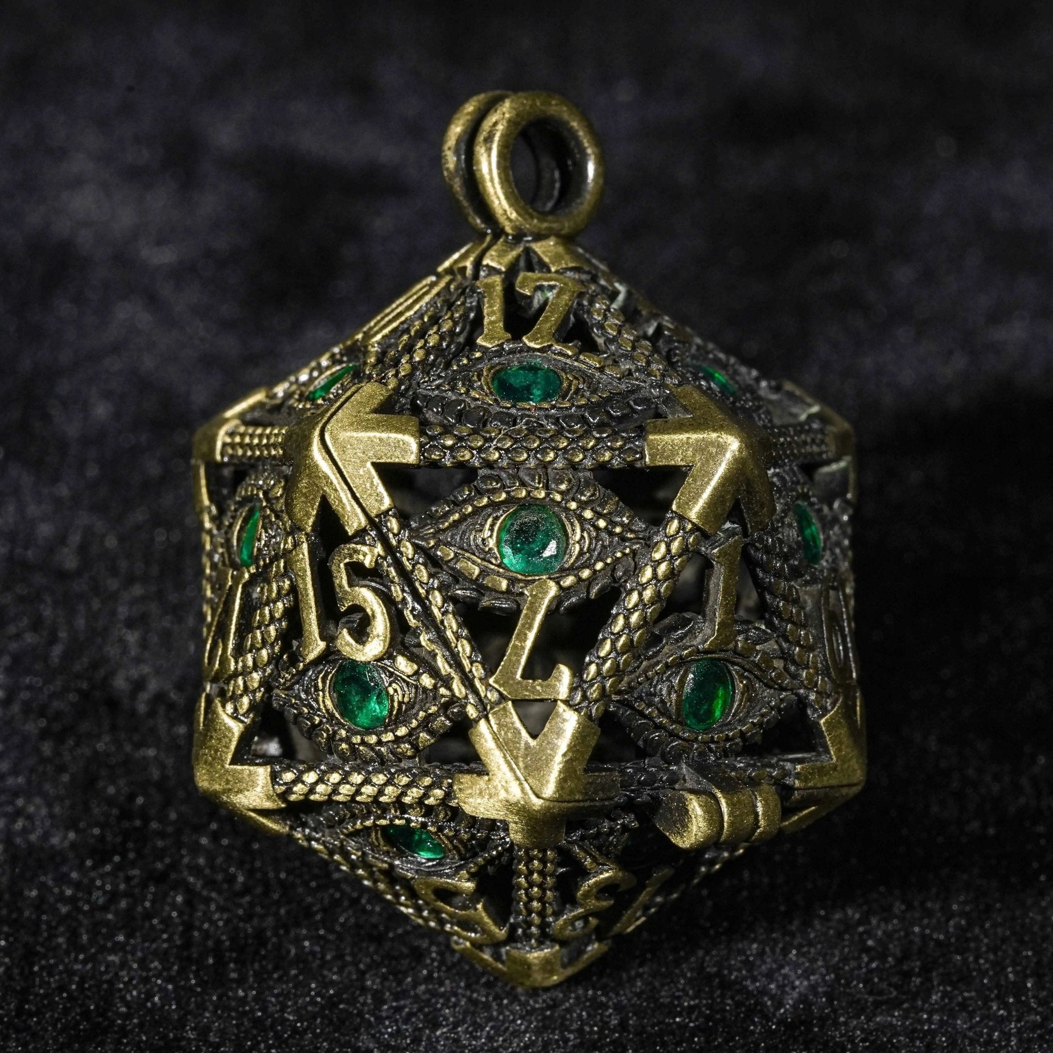 Emerald Gem Dragon Eye Metal Hollow D20 Dice Pendant + 7 Mini Metal Dice Set - Bear Dice