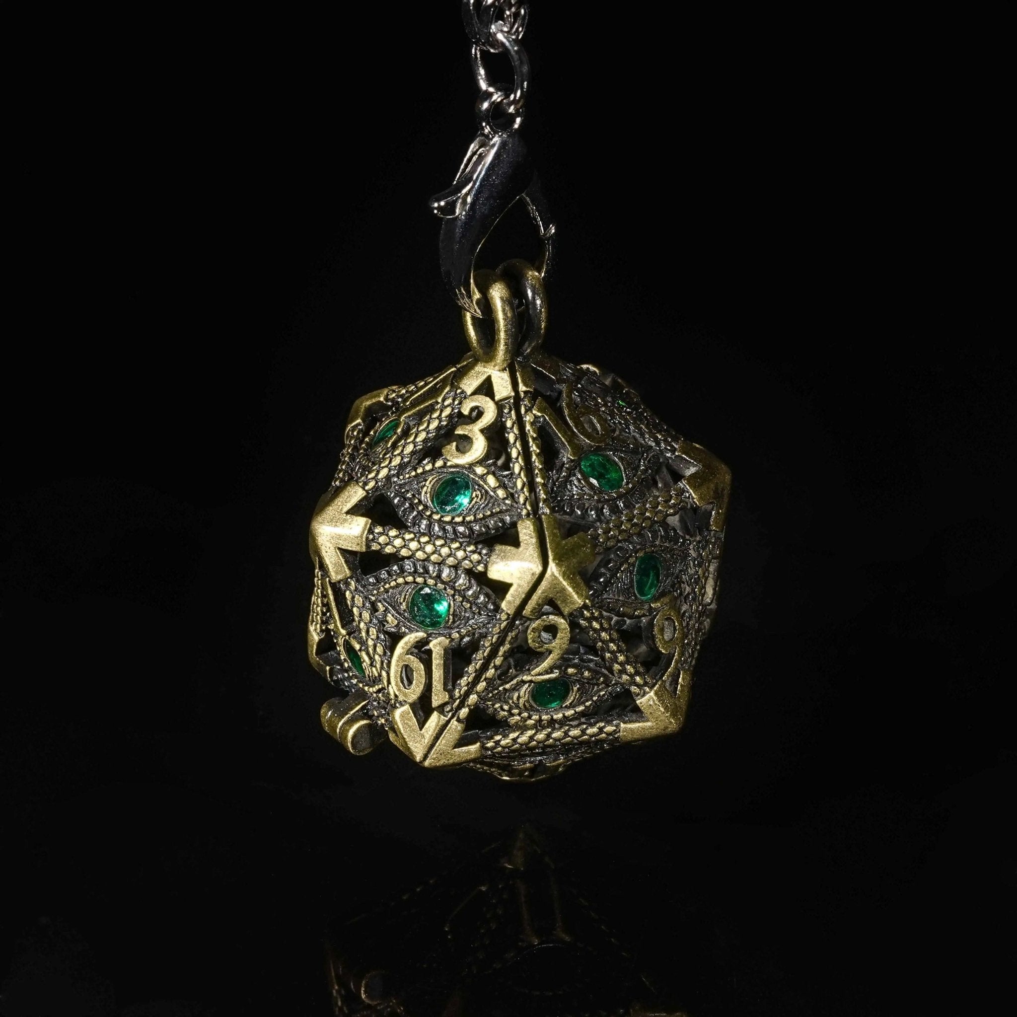 Emerald Gem Dragon Eye Metal Hollow D20 Dice Pendant + 7 Mini Metal Dice Set - Bear Dice