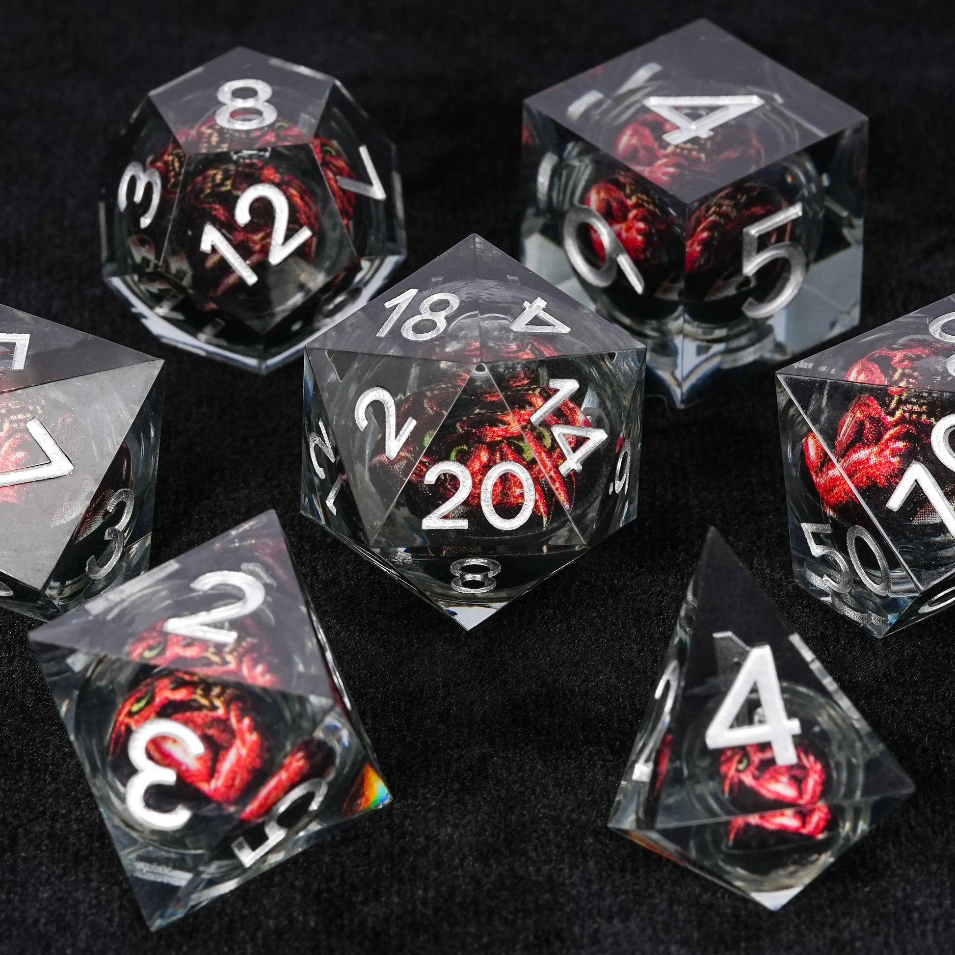 Black Fangs Monster Liquid Core Resin DND Dice Set + Silver Font | Bear Dice