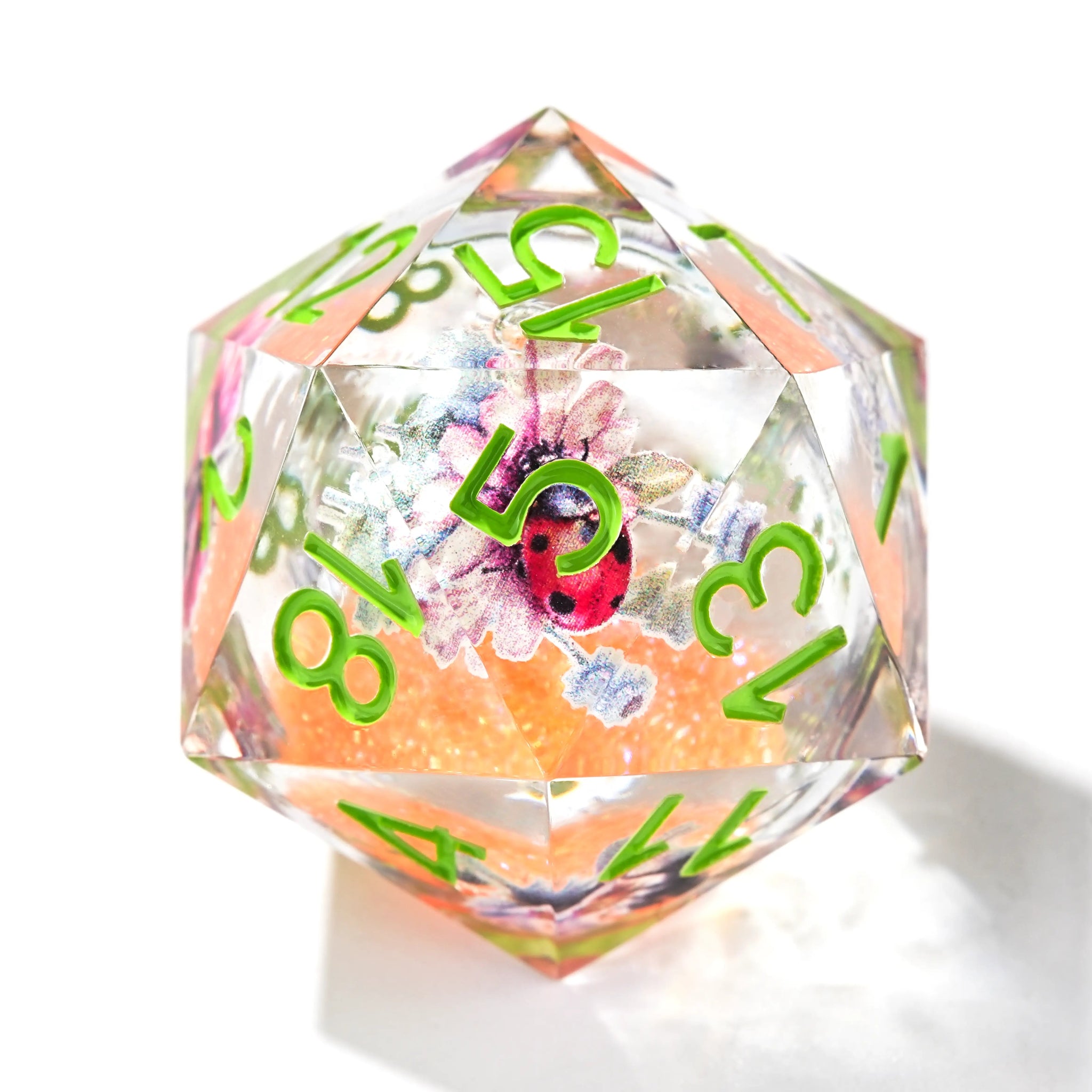 Fantasy Flower Orange Liquid Core Resin Dice Set + Green Numbers - Bear Dice