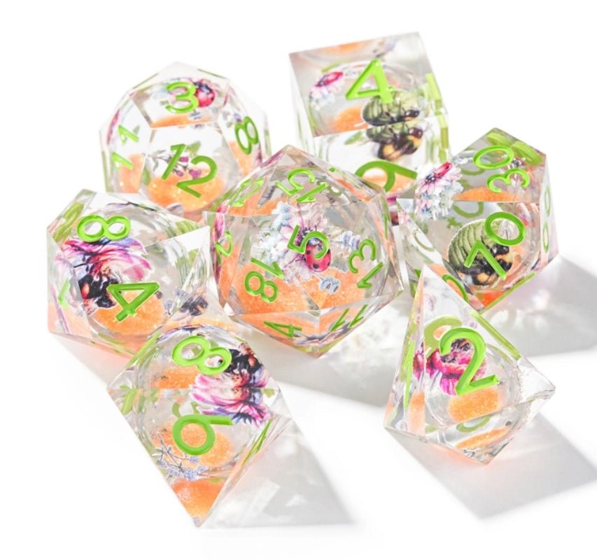 Fantasy Flower Orange Liquid Core Resin Dice Set + Green Numbers - Bear Dice