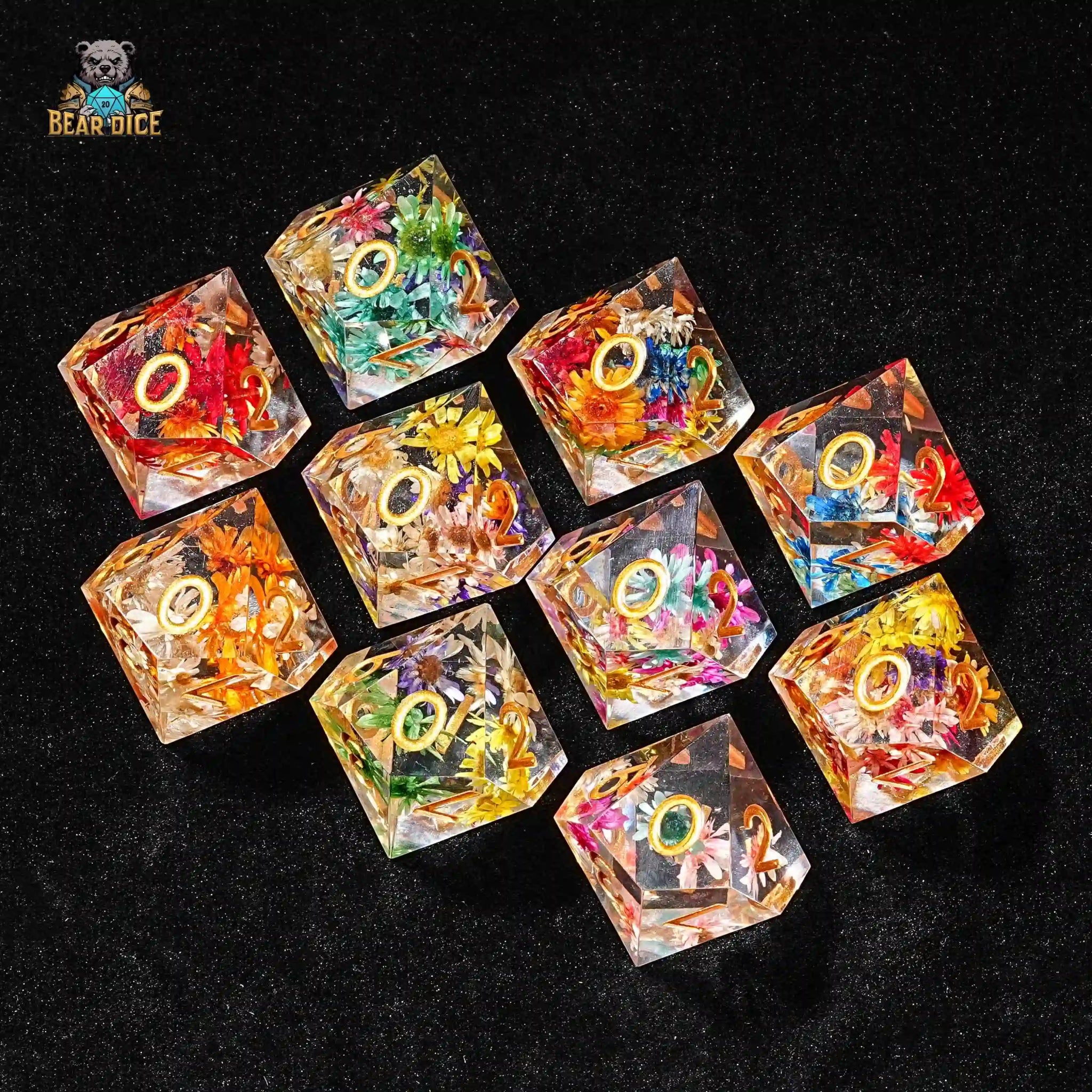 Floral Crystal Clear Resin Dice with Gold Numbers 10 Sided Dice (D10 Dice) - Bear Dice