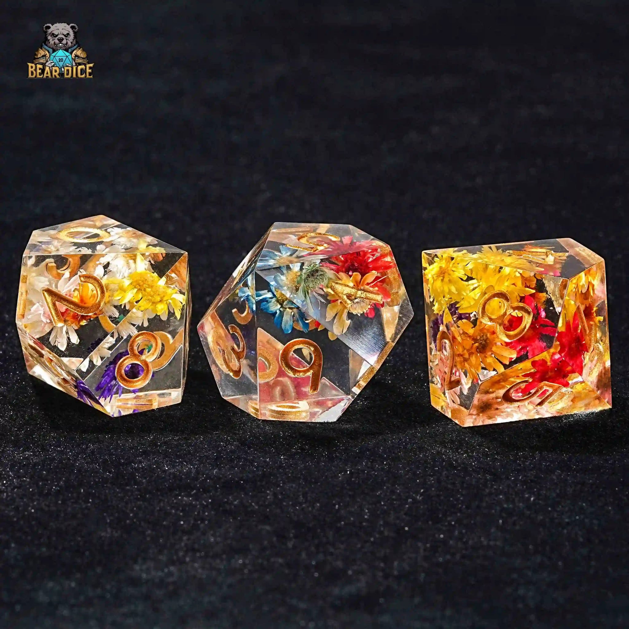 Floral Crystal Clear Resin Dice with Gold Numbers 10 Sided Dice (D10 Dice) - Bear Dice