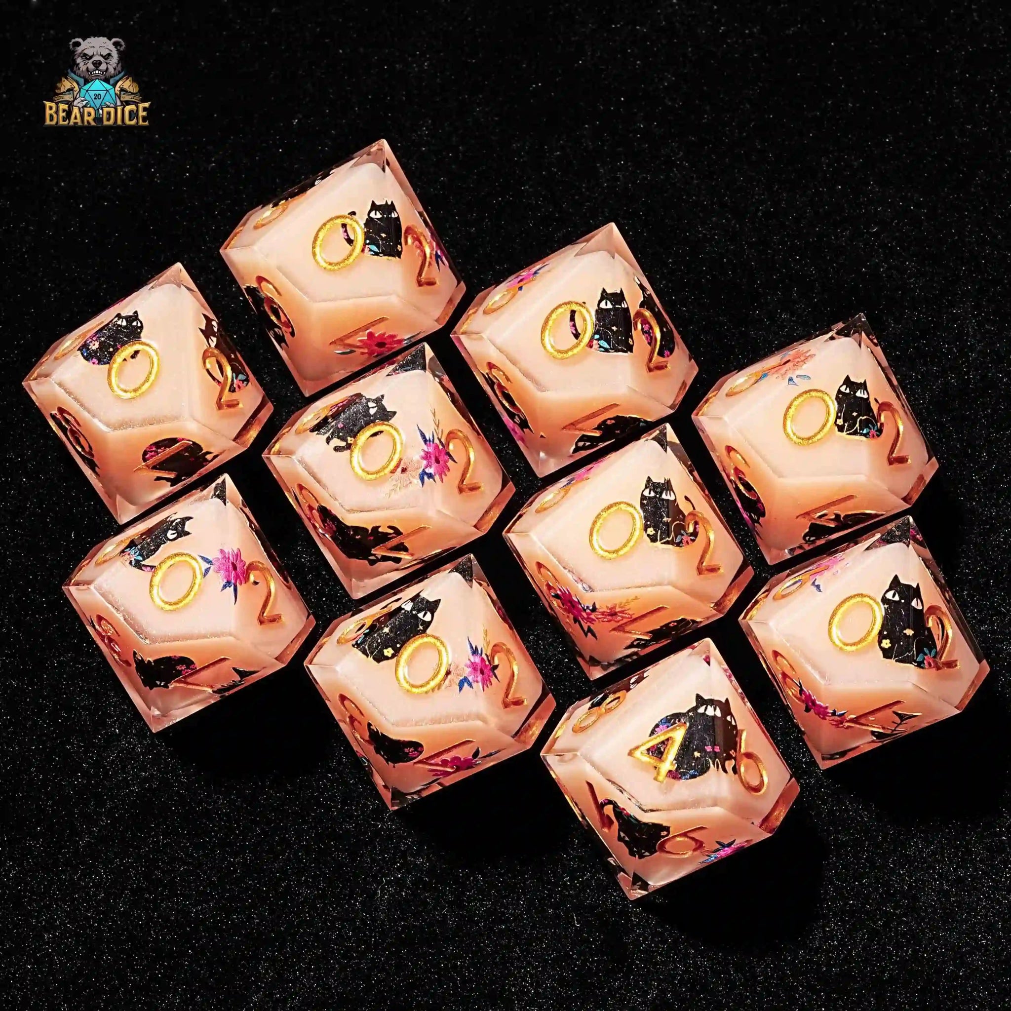 Flower Black Cat 10 Sided Dice Flesh Pink Resin D&D D10 Dice - Bear Dice