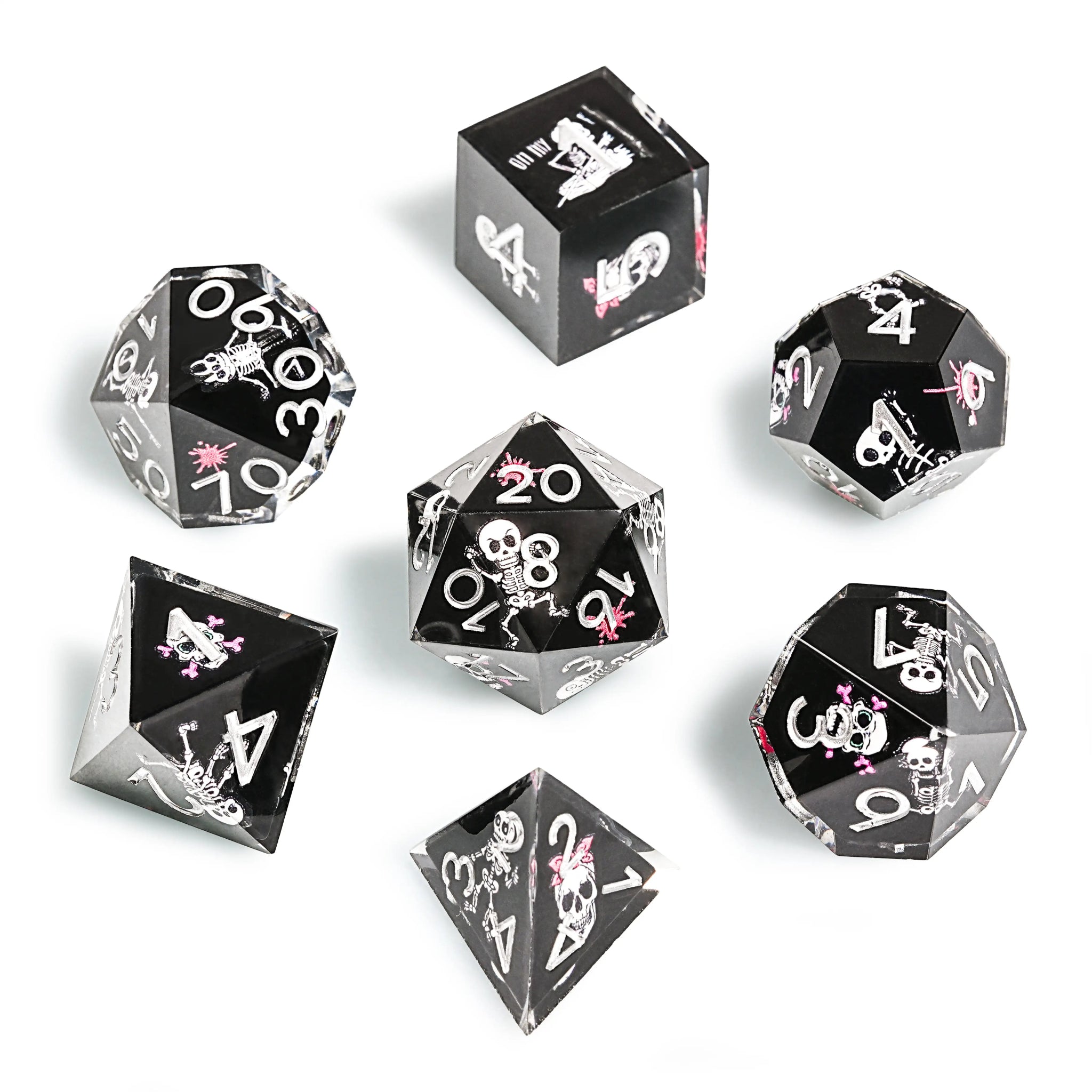 Funny Skull Black Resin DND Dice Set + Silver Numbers - Bear Dice