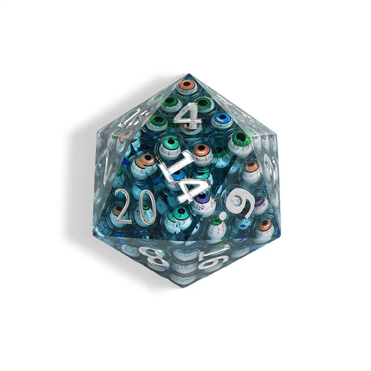 Multifaceted Illusion - 95mm Giant D20 Eyeball White Resin Dice + Silver Numbers | Bear Dice