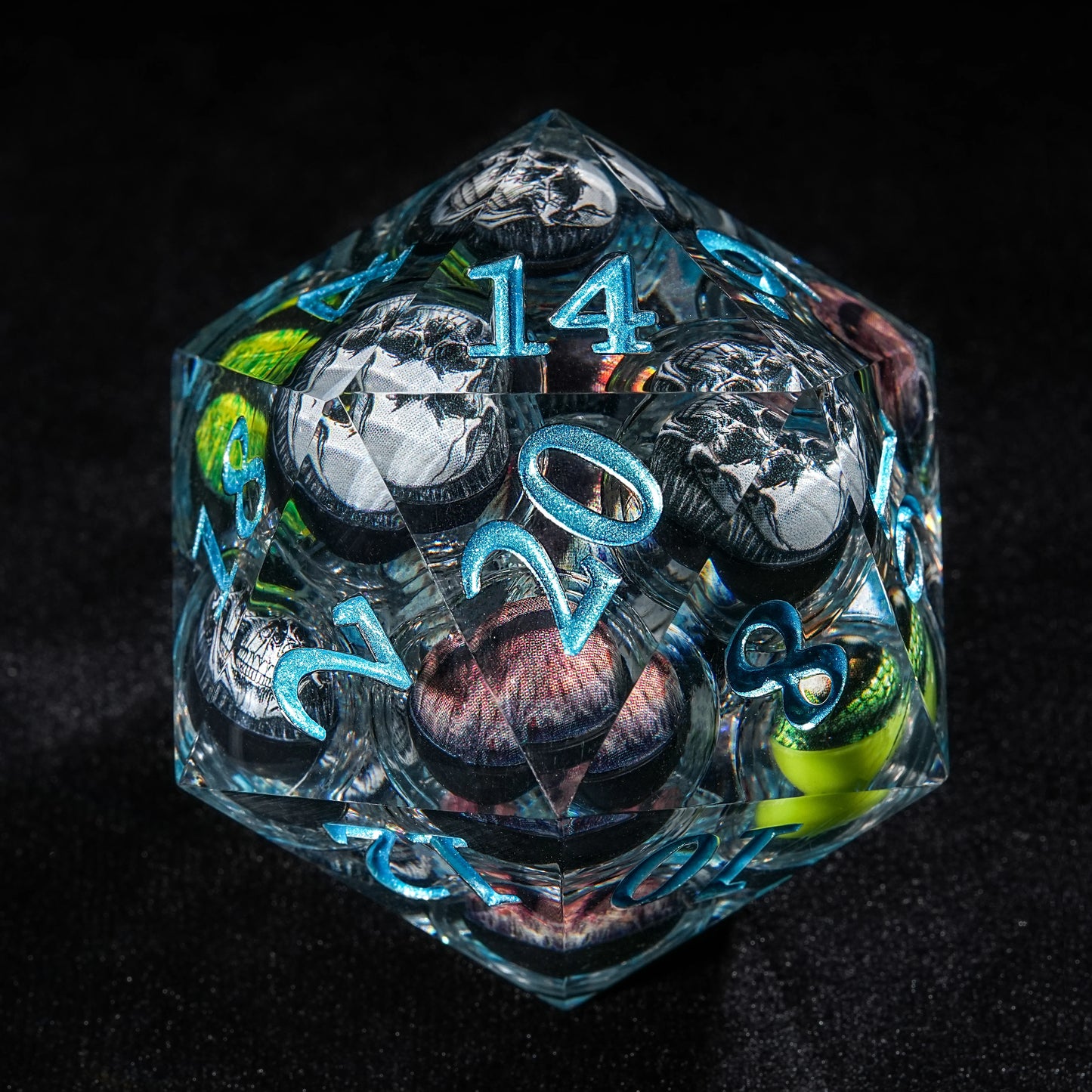 Eye of Odin 50mm Liquid Core Resin D20 Dice+Blue font | Bear Dice