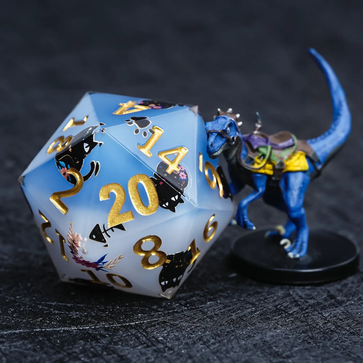Giant D20 Dice (Black Cat Gold Lettering) 35mm Resin RPG Monster Dice - Bear Dice