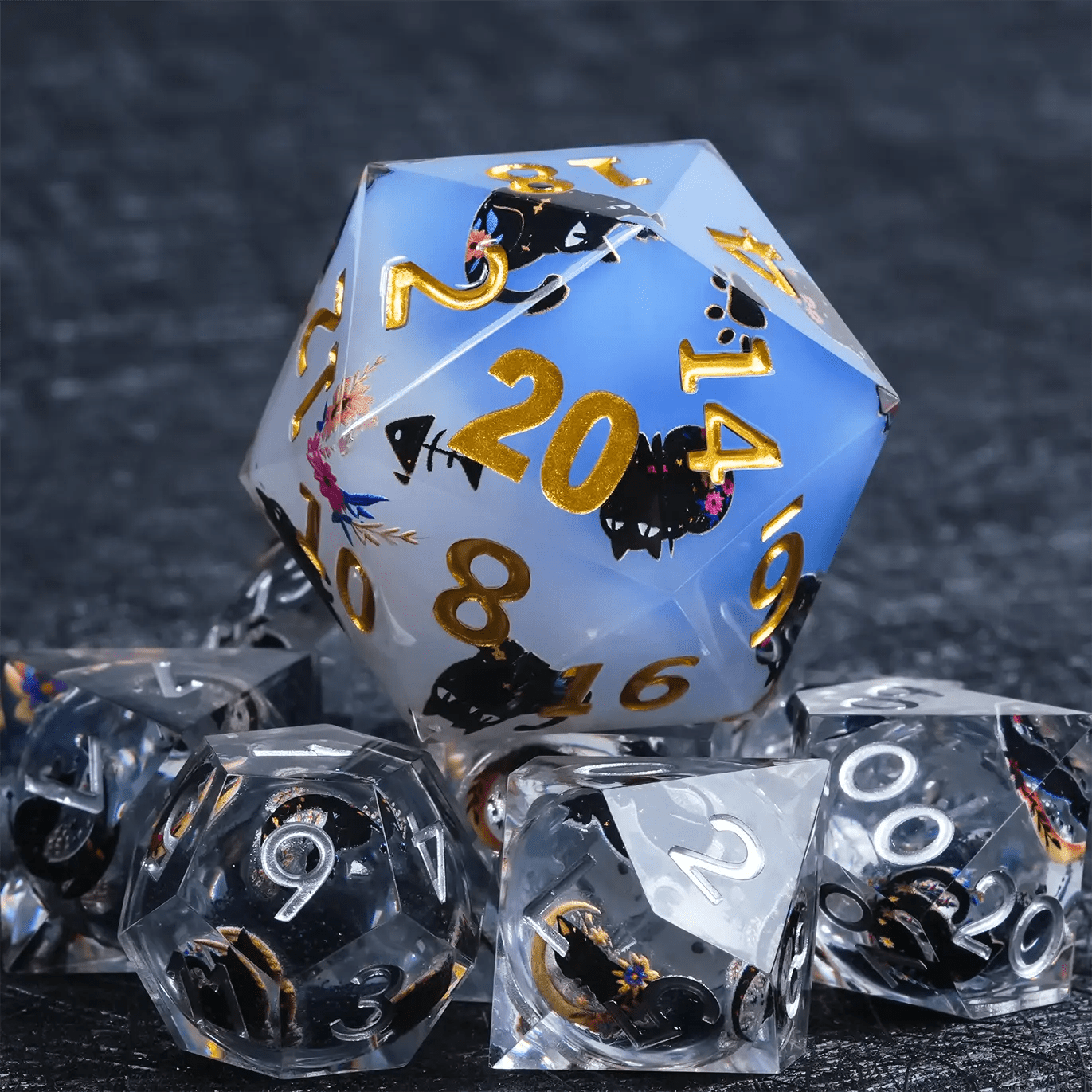 Giant D20 Dice (Black Cat Gold Lettering) 35mm Resin RPG Monster Dice - Bear Dice