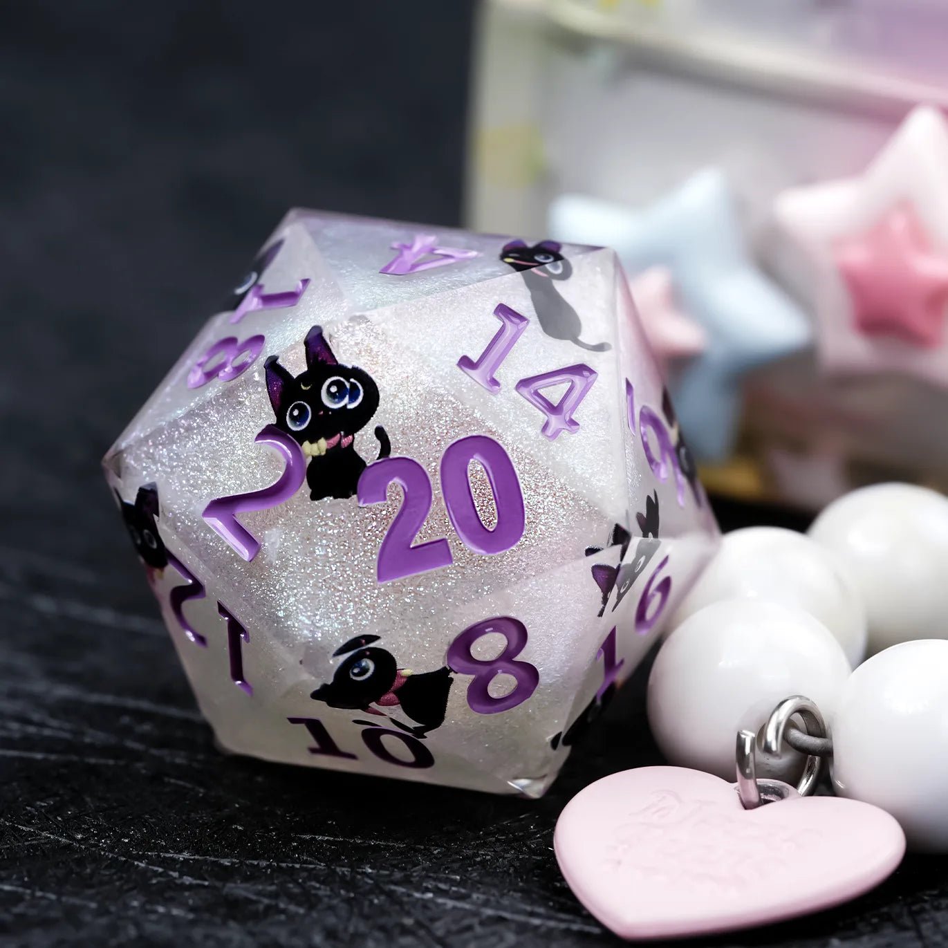 Giant D20 Dice (Purple Numbers) Black Cat Resin 35mm RPG Dice - Bear Dice