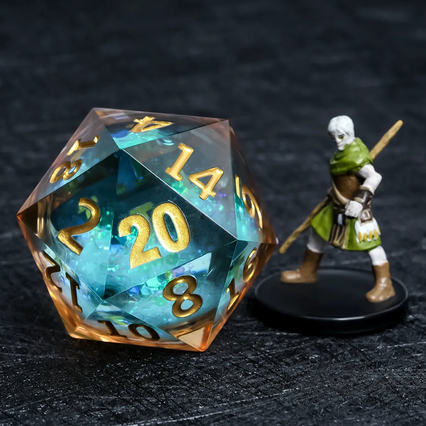 Giant D20 dice (transparent blue gold lettering) 35 resin RPG dice - Bear Dice