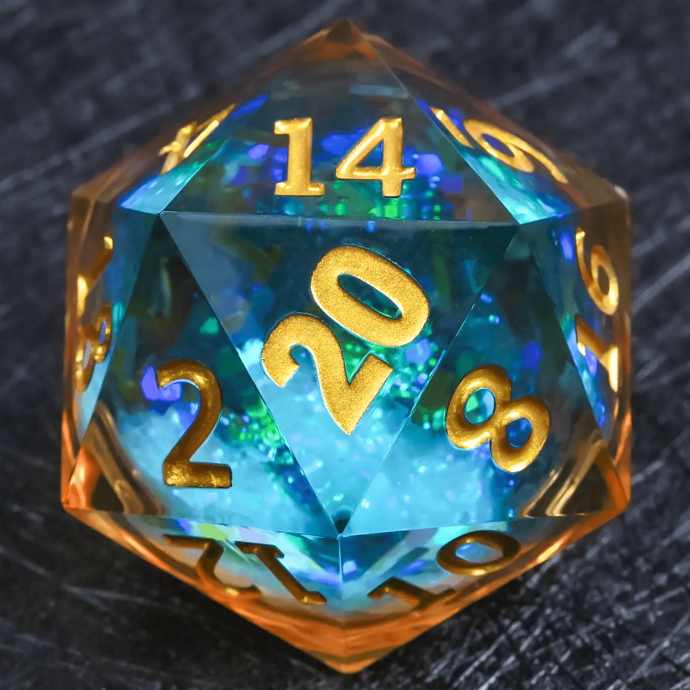 Giant D20 dice (transparent blue gold lettering) 35 resin RPG dice - Bear Dice